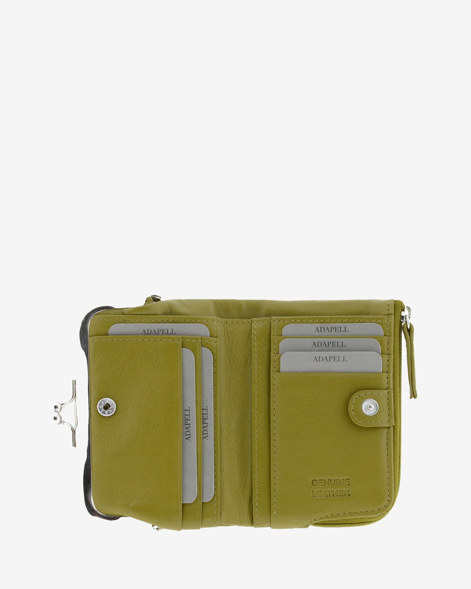 Cartera de piel Napa de color oliva, vista interior mostrando compartimentos interiores y cierre de botón, referencia 8069-21