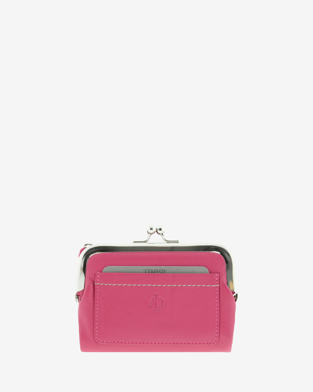 Cartera de piel Napa de color magenta, vista frontal plana mostrando compartimento exterior y boquilla, referencia 8069-25