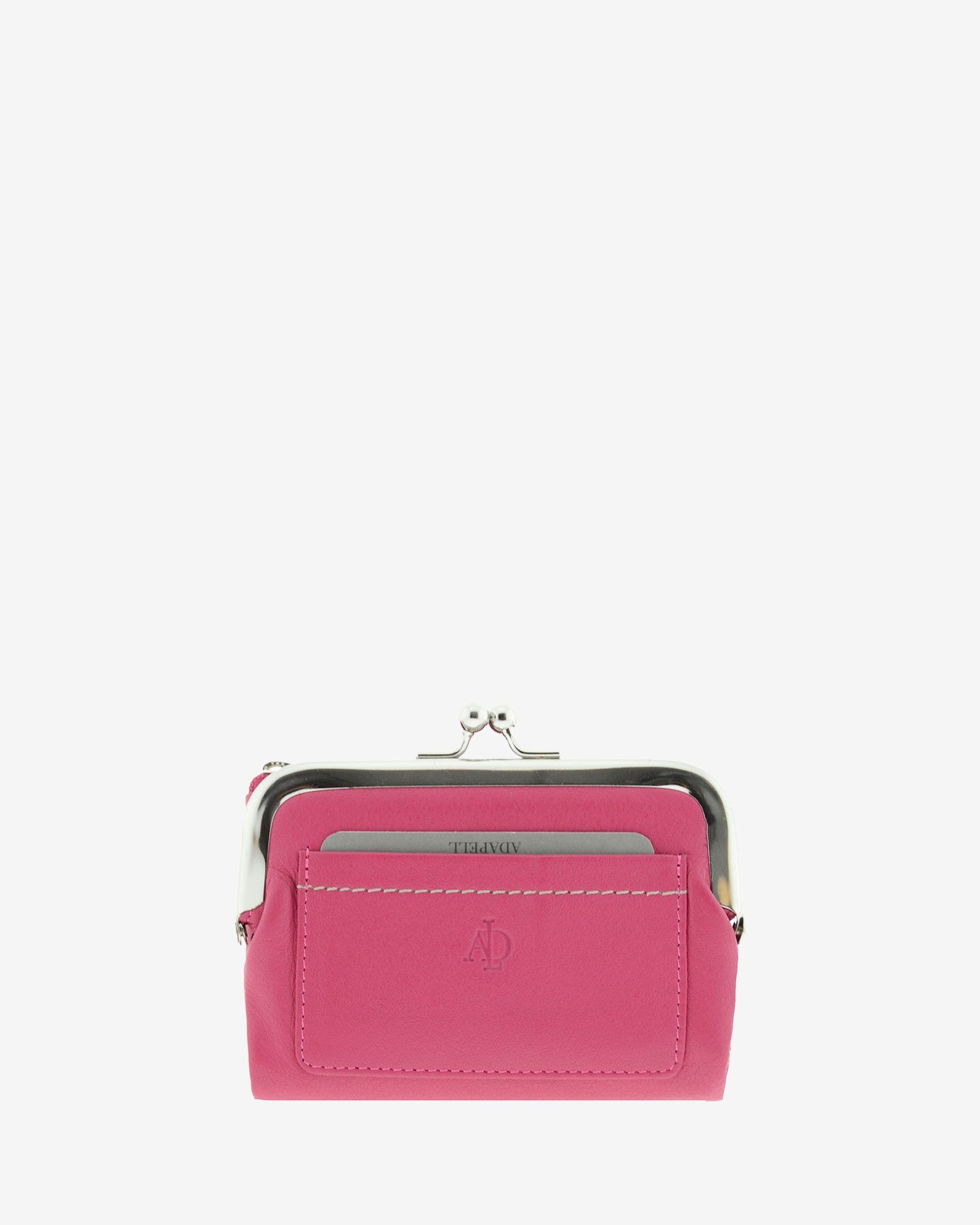 Cartera de piel Napa de color magenta, vista frontal plana mostrando compartimento exterior y boquilla, referencia 8069-25