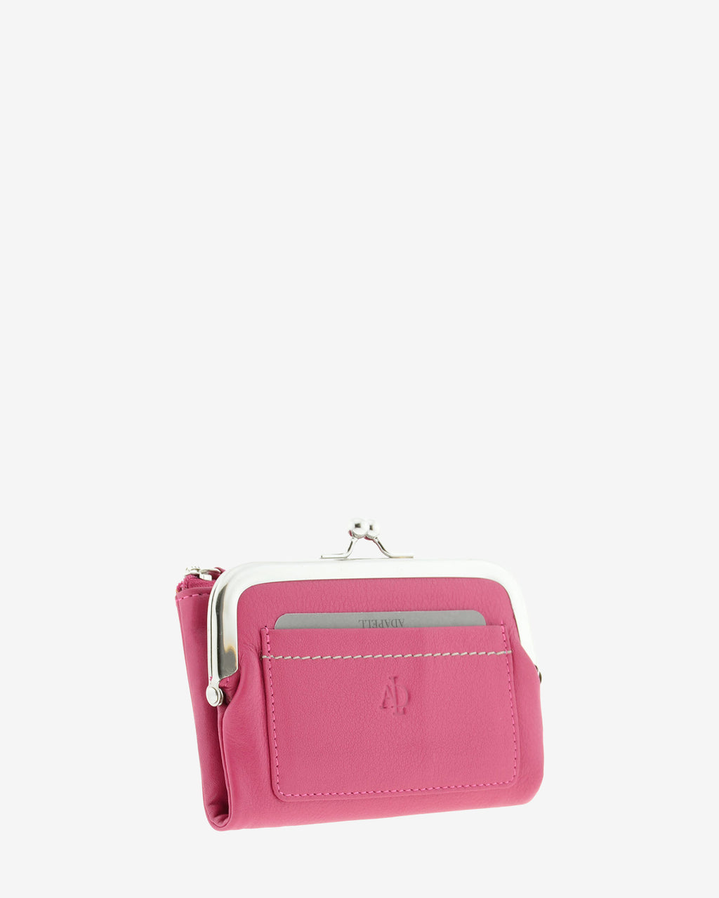 Cartera de piel Napa de color magenta, vista frontal y lateral mostrando compartimento exterior y boquilla, referencia 8069-25