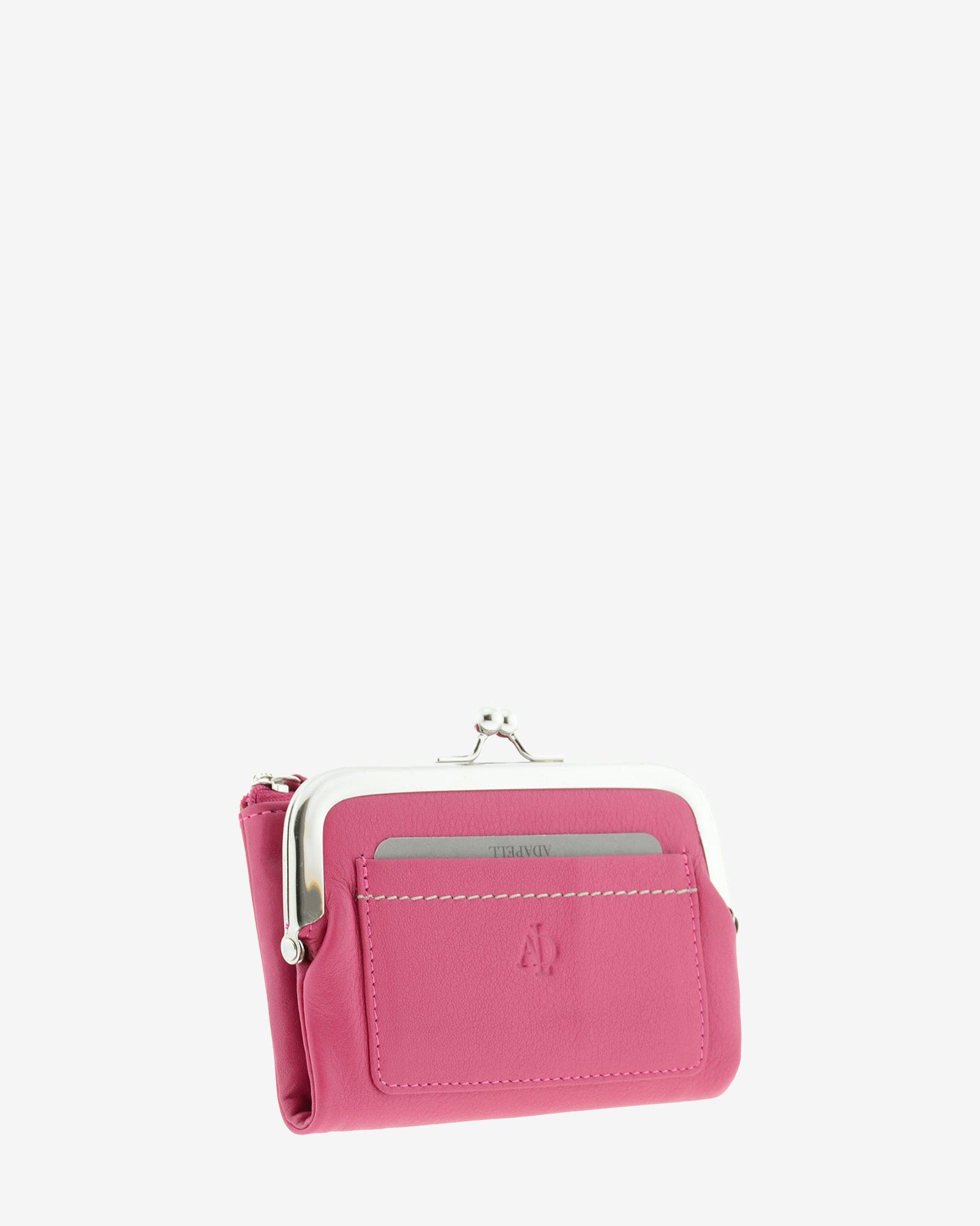 Cartera de piel Napa de color magenta, vista frontal y lateral mostrando compartimento exterior y boquilla, referencia 8069-25