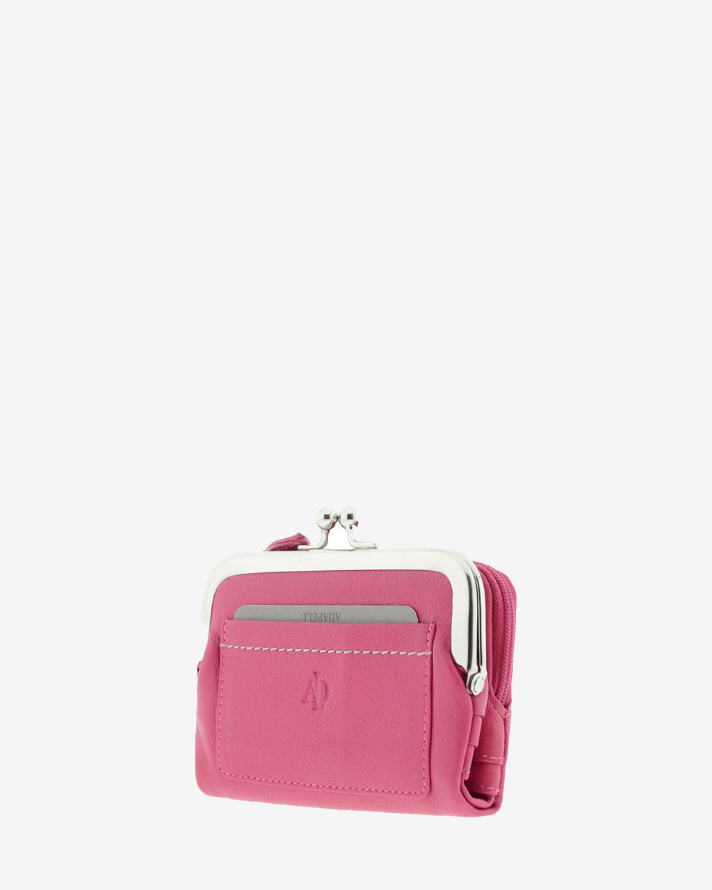 Cartera de piel Napa de color magenta, vista 2 frontal y lateral mostrando compartimento exterior y boquilla, referencia 8069-25
