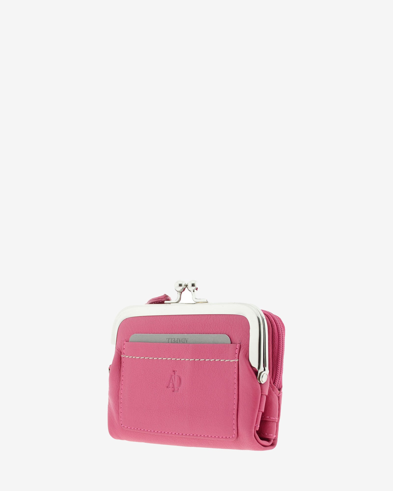 Cartera de piel Napa de color magenta, vista 2 frontal y lateral mostrando compartimento exterior y boquilla, referencia 8069-25