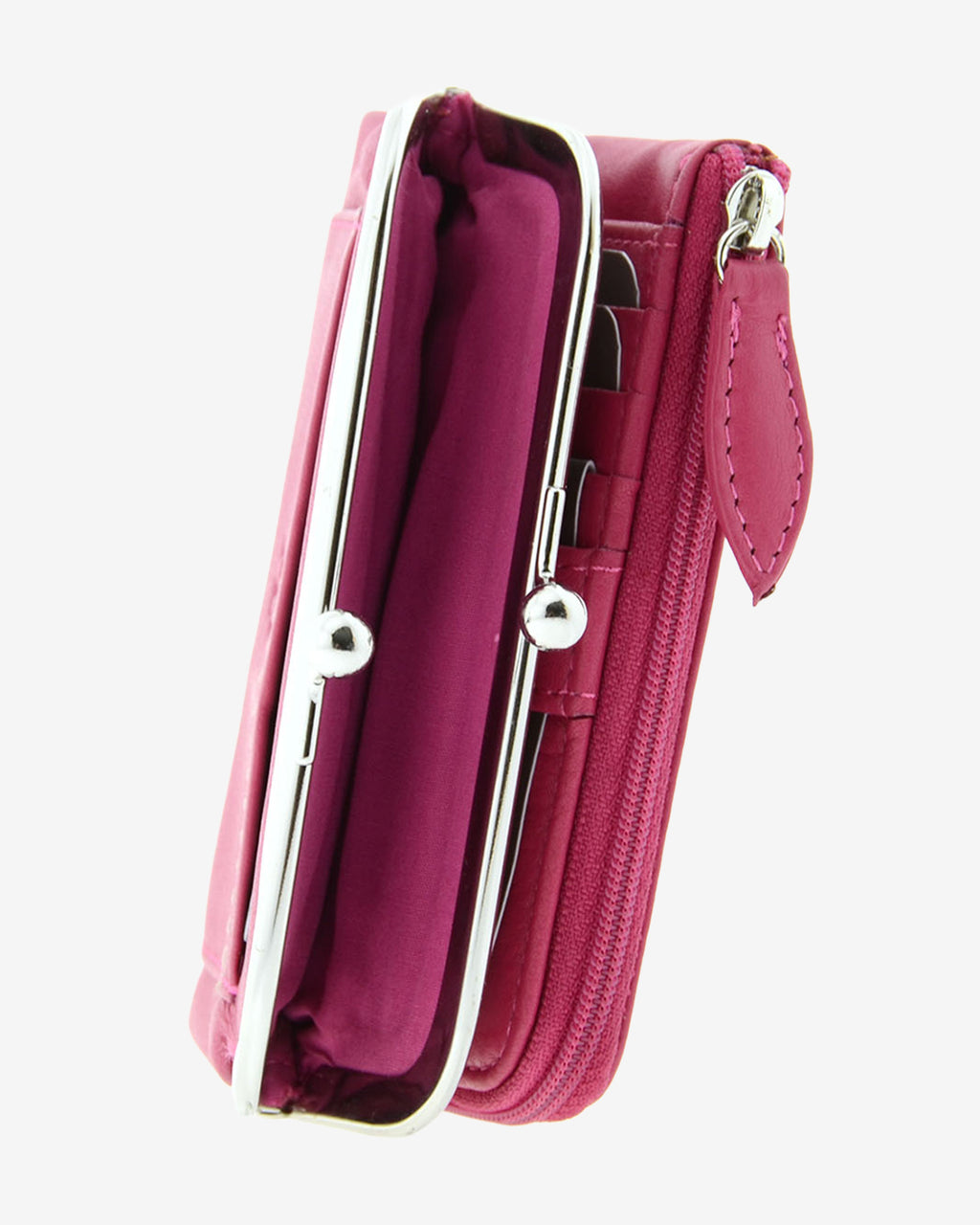 Cartera de piel Napa de color magenta, detalle de boquilla y acabados, referencia 8069-25