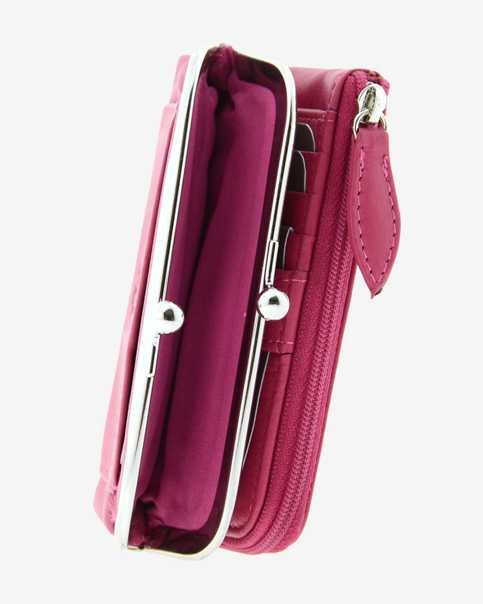 Cartera de piel Napa de color magenta, detalle de boquilla y acabados, referencia 8069-25