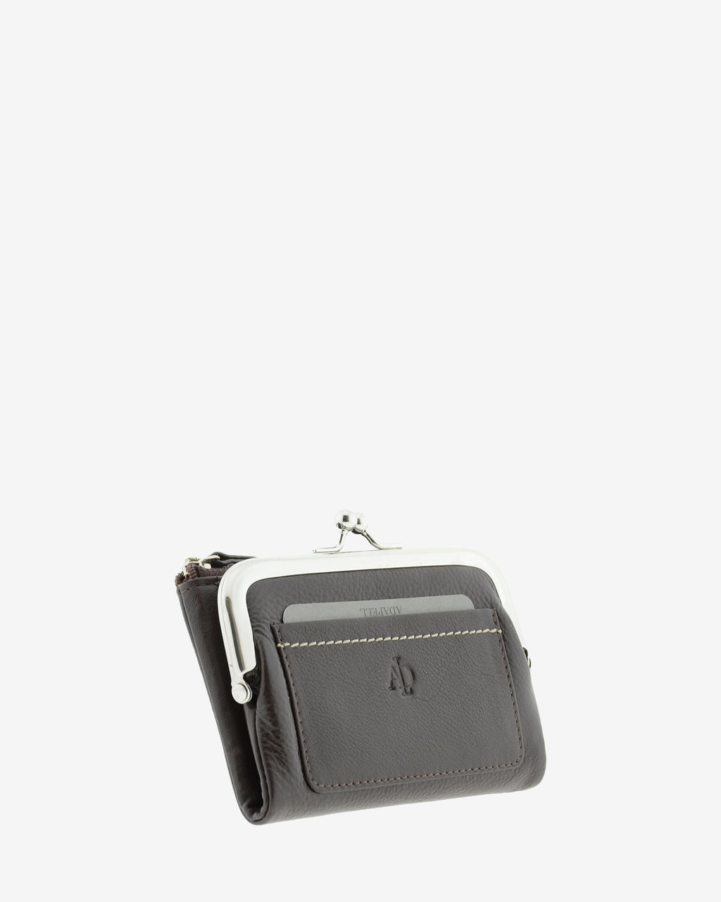 Cartera de piel napa de color marrón, vista frontal y lateral mostrando compartimento exterior y boquilla, referencia 8069-2