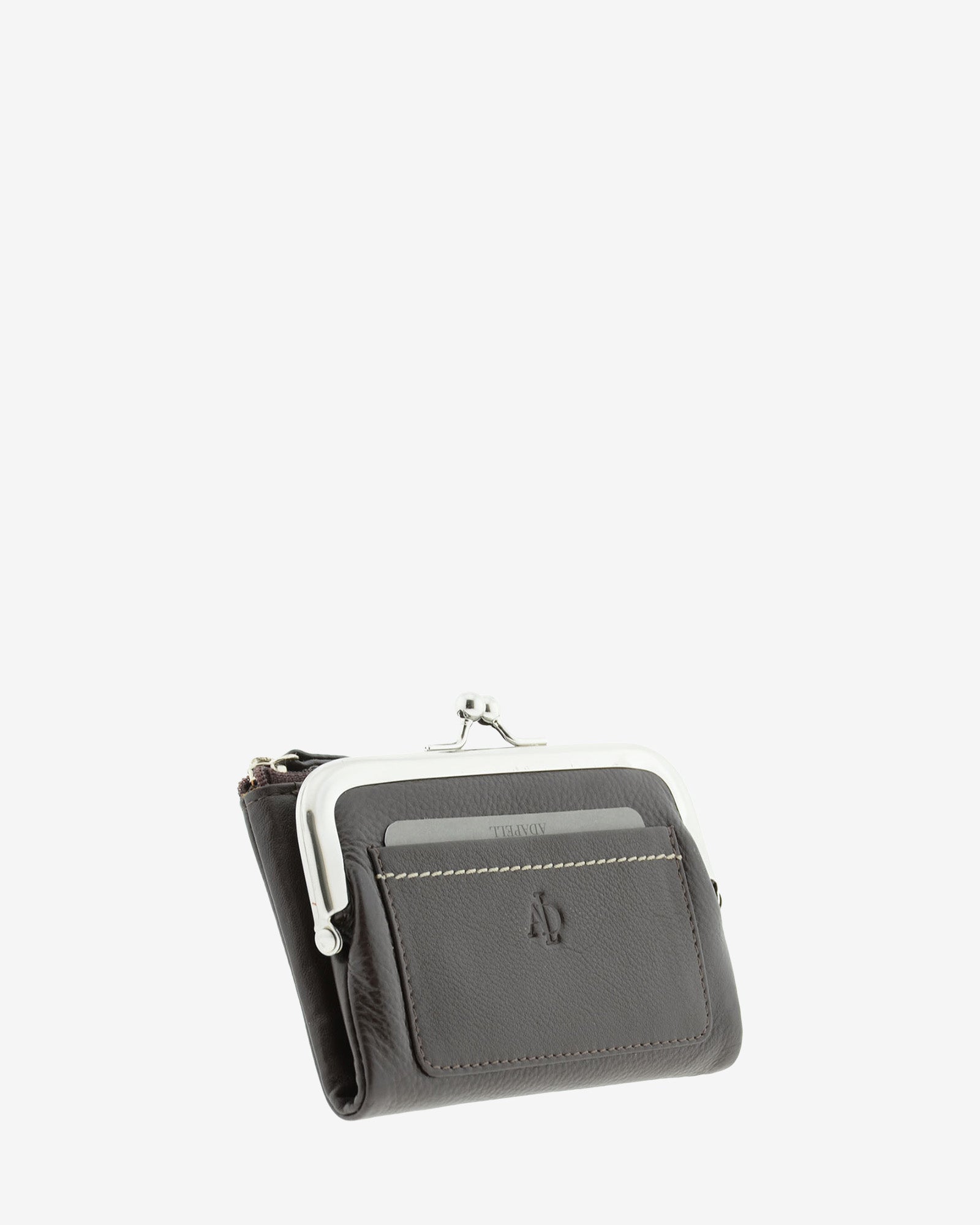 Cartera de piel napa de color marrón, vista frontal y lateral mostrando compartimento exterior y boquilla, referencia 8069-2