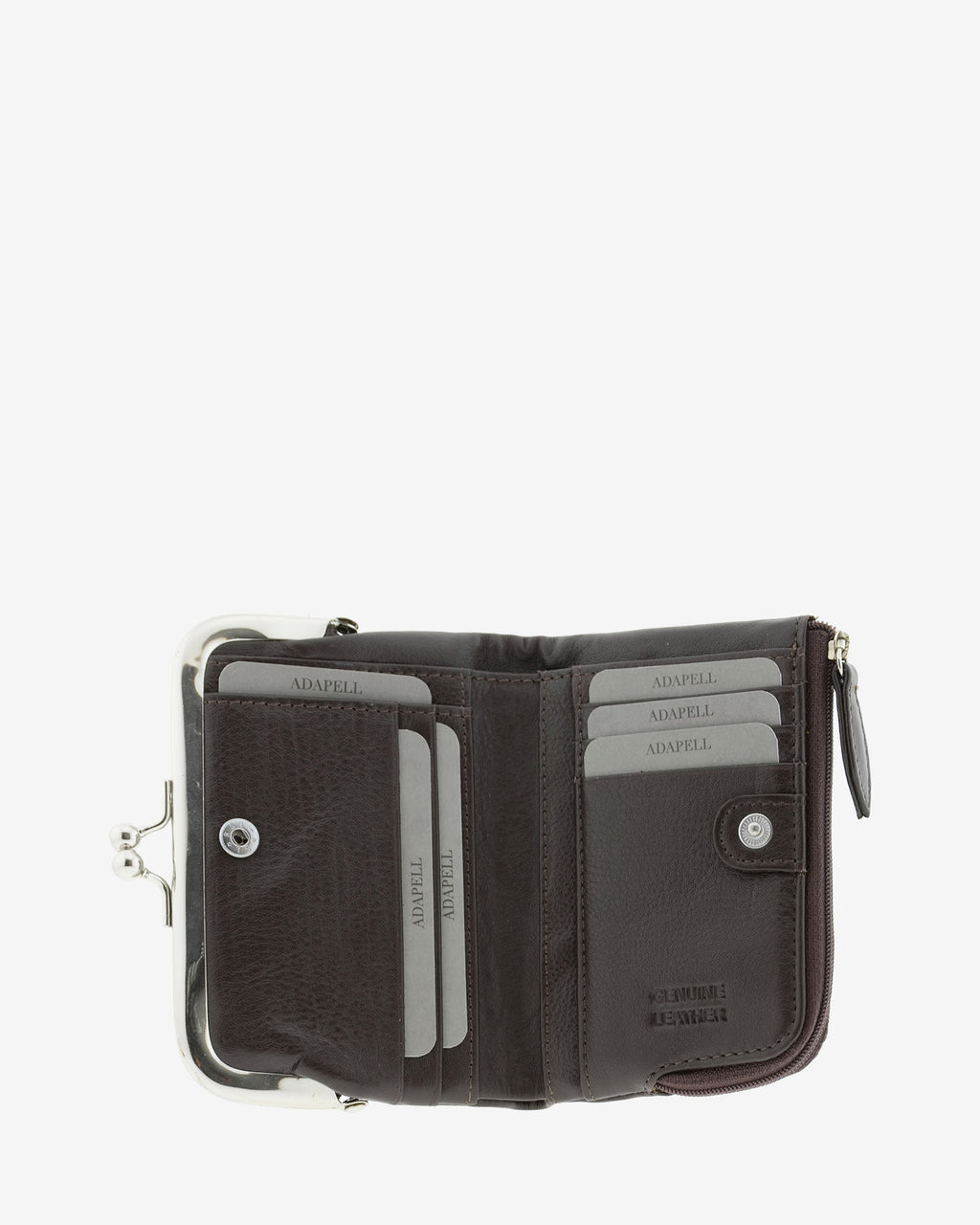 Cartera de piel Napa de color marrón, vista interior mostrando compartimentos y cierre de botón, referencia 8069-2