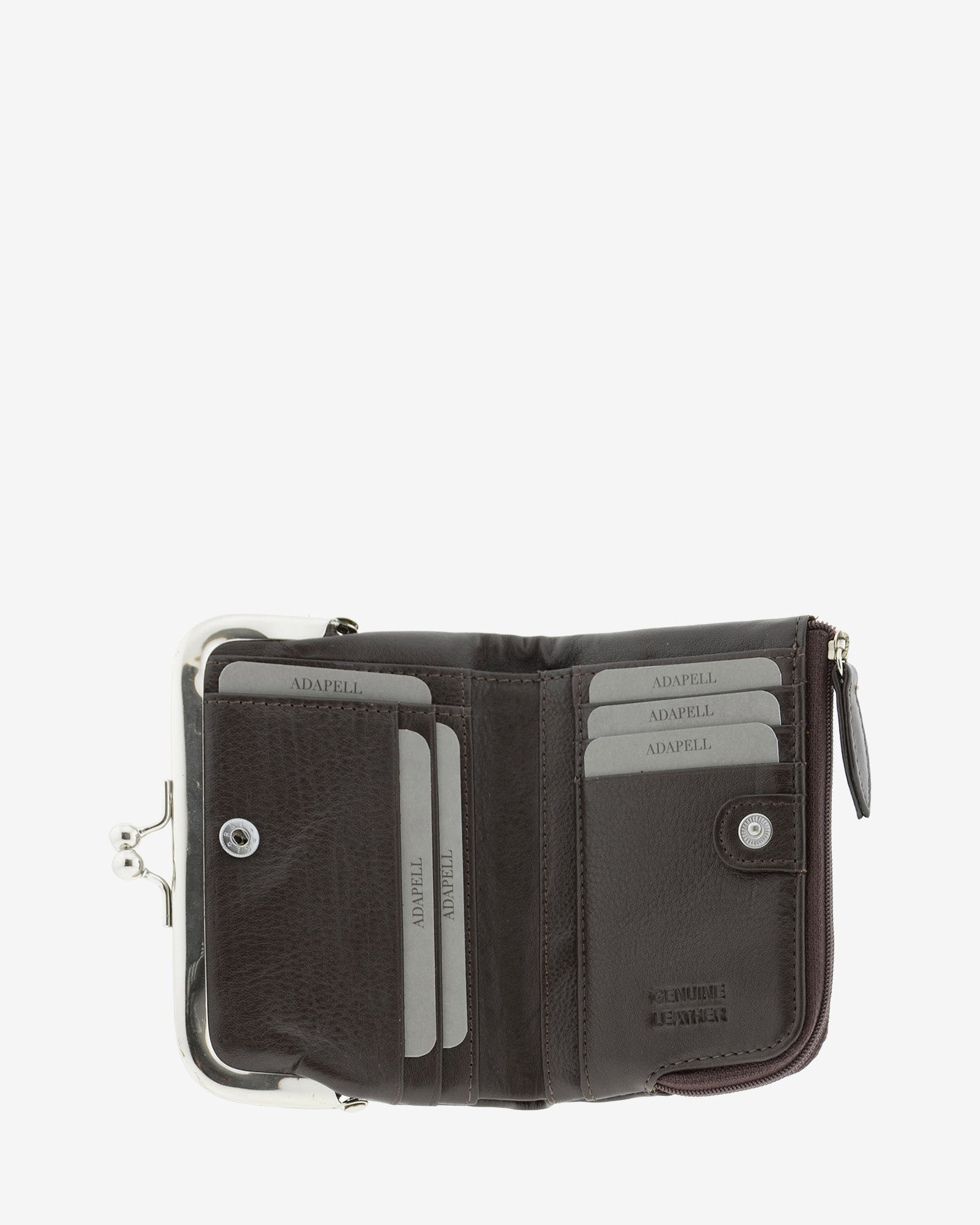 Cartera de piel Napa de color marrón, vista interior mostrando compartimentos y cierre de botón, referencia 8069-2