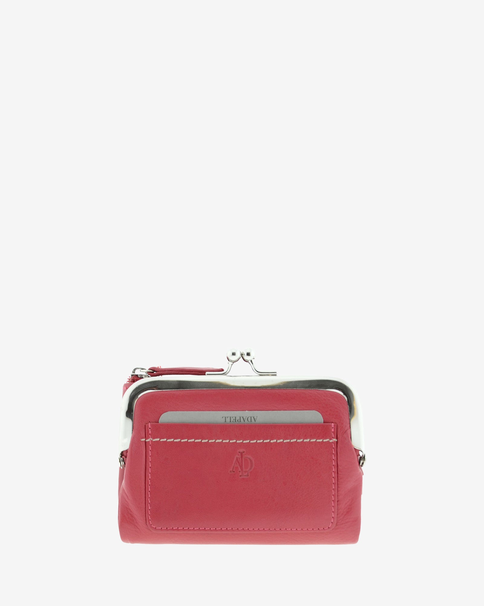 Cartera de piel napa de color rojo, vista frontal plana  mostrando compartimento exterior y boquilla, referencia 8069-3