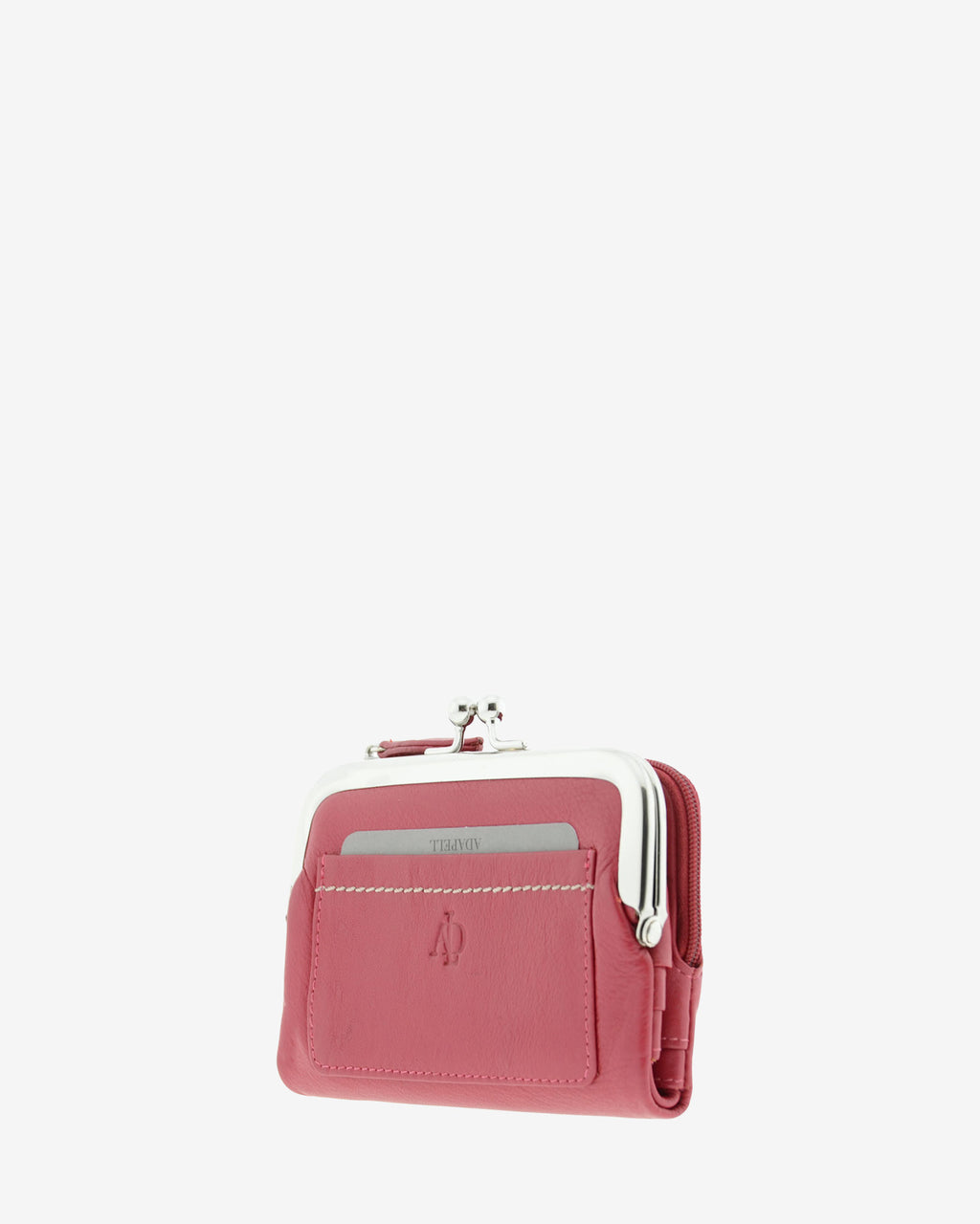 Cartera de piel napa de color rojo, vista  2 frontal y lateral mostrando compartimento exterior y boquilla, referencia 8069-3
