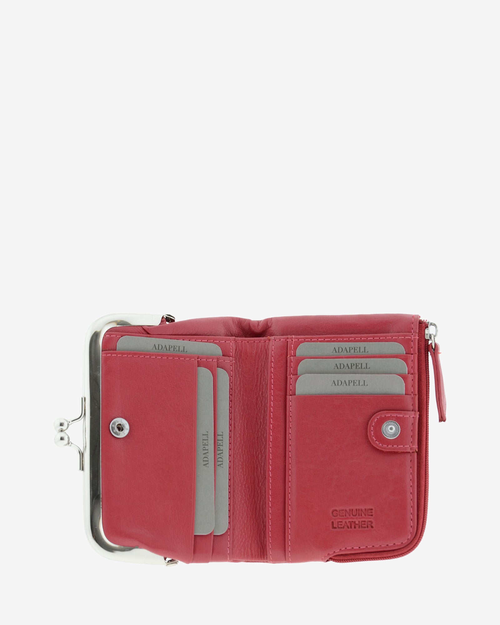 Cartera de piel Napa de color rojo, vista interior mostrando compartimentos interiores y cierre de botón, referencia 8069-3