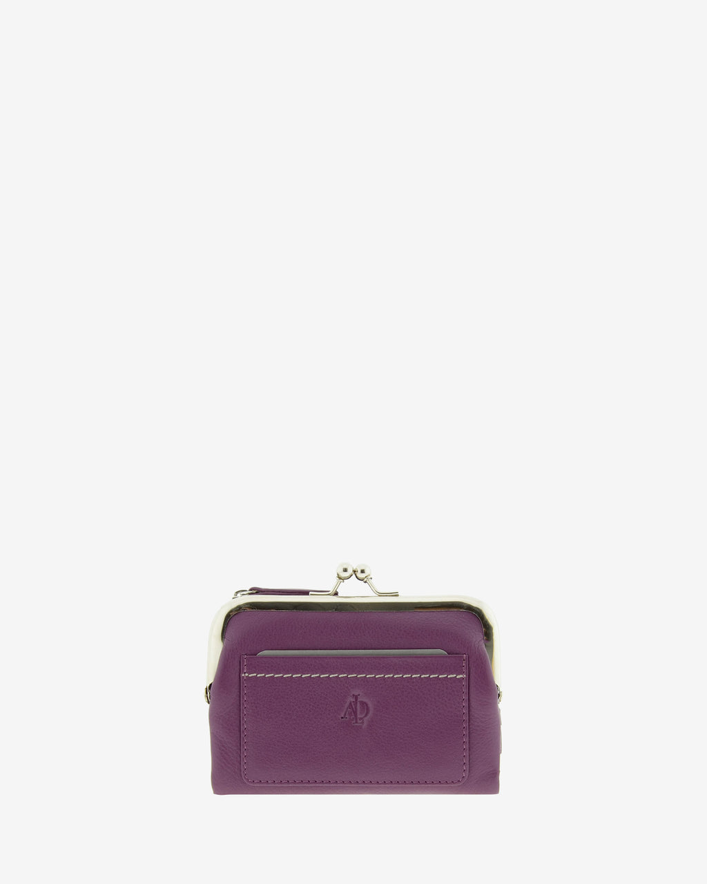Cartera de piel Napa de color lila, vista frontal plana mostrando compartimento exterior y boquilla, referencia 8069-4