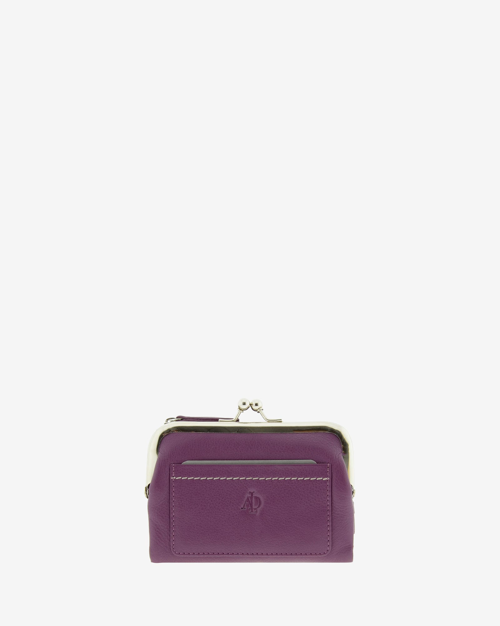 Cartera de piel Napa de color lila, vista frontal plana mostrando compartimento exterior y boquilla, referencia 8069-4