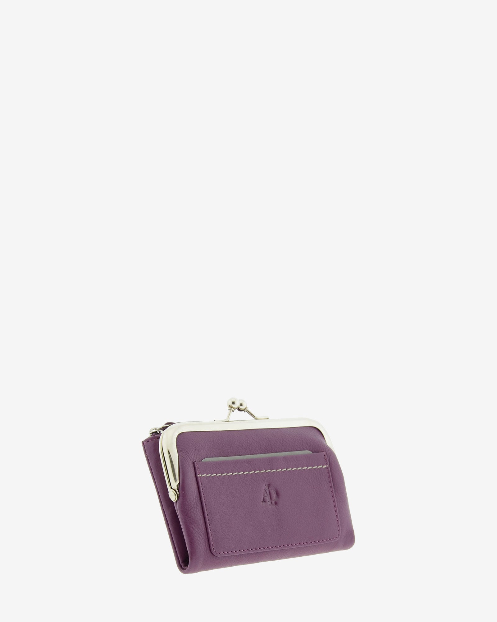 Cartera de piel Napa de color lila, vista frontal y lateral mostrando compartimento exterior y boquilla, referencia 8069-4