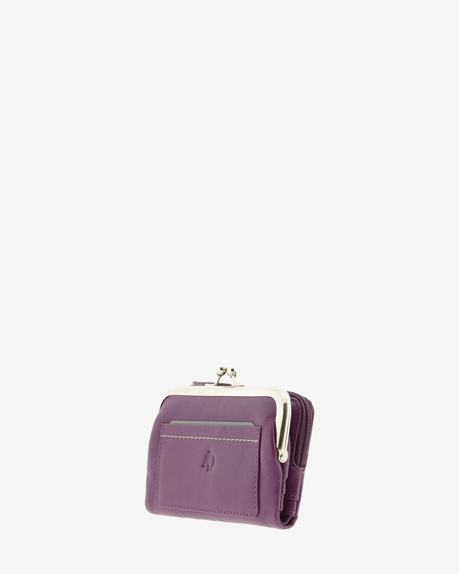 Cartera de piel Napa de color lila, vista 2 frontal y lateral mostrando compartimento exterior y boquilla, referencia 8069-4