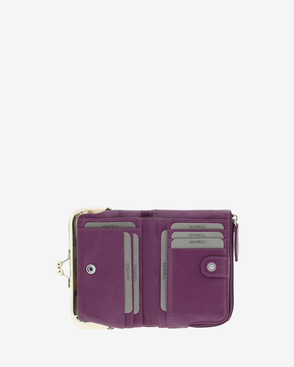 Cartera de piel Napa de color lila, vista interior mostrando compartimentos interiores y cierre de botón, referencia 8069-4