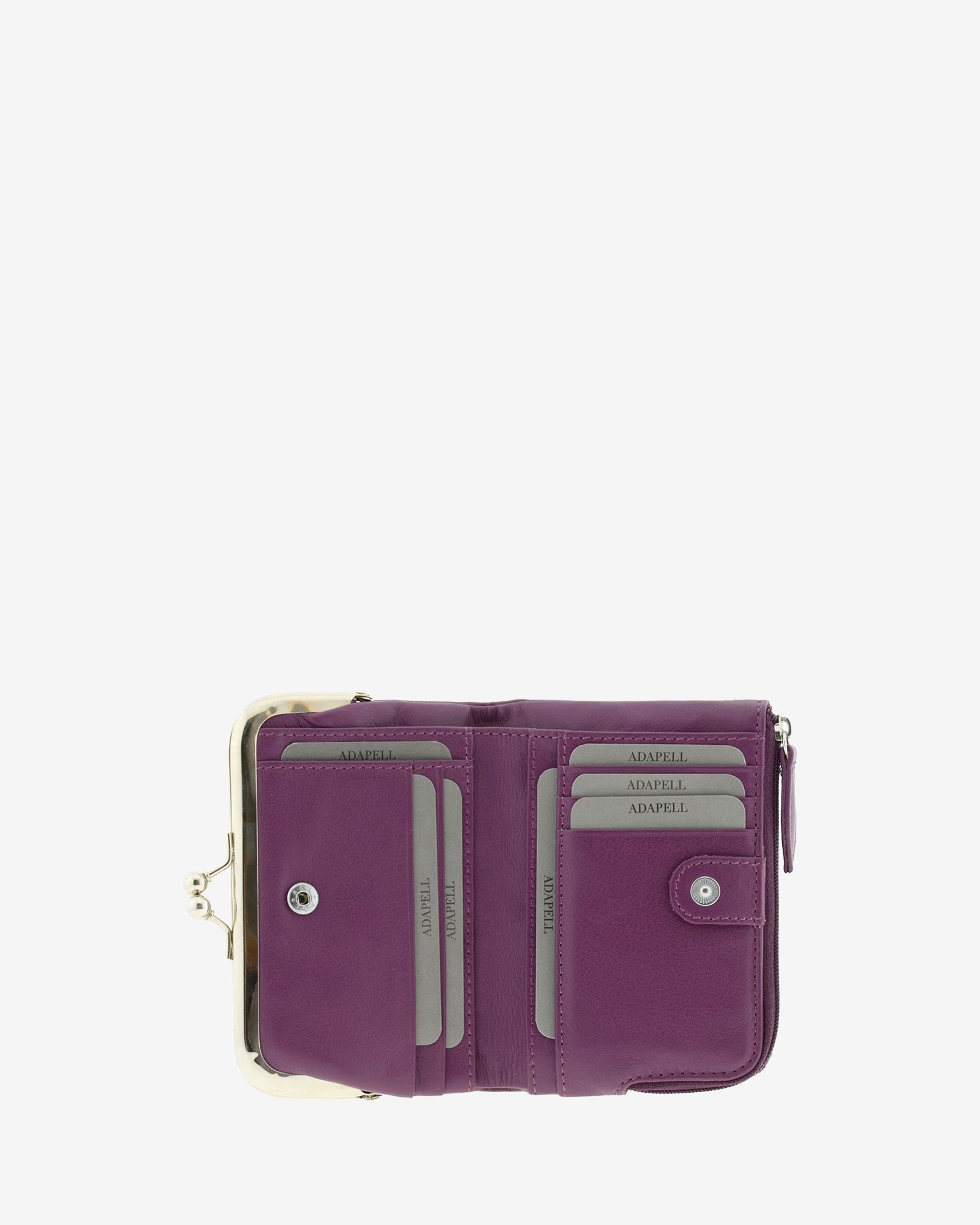 Cartera de piel Napa de color lila, vista interior mostrando compartimentos interiores y cierre de botón, referencia 8069-4
