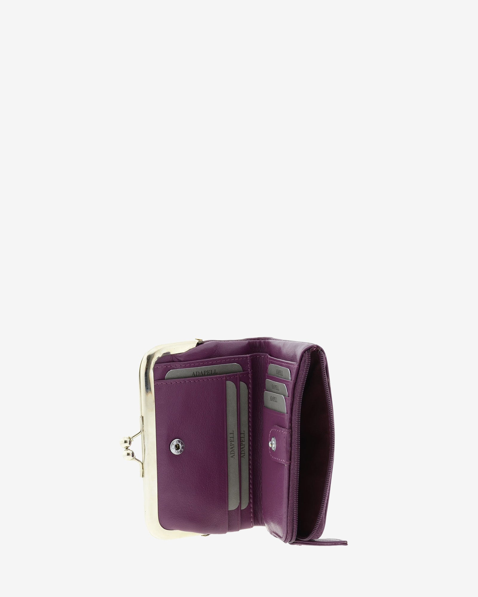 Cartera de piel Napa de color lila, vista  lateral mostrando compartimento exterior de cremallera y compartimentos interiores, referencia 8069-4