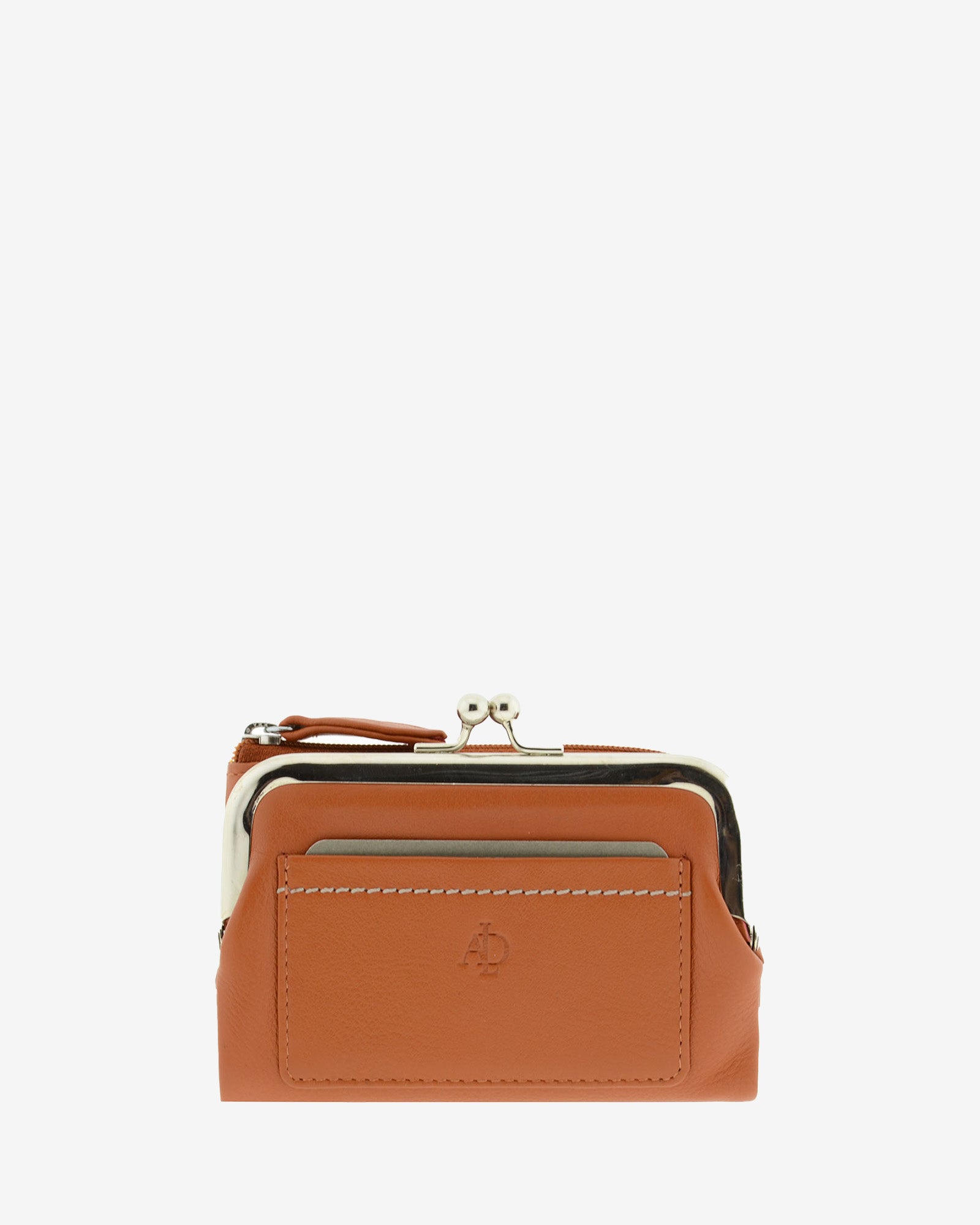 Cartera de piel Napa de color cuero, vista frontal plana mostrando compartimento exterior y boquilla, referencia 8069-6