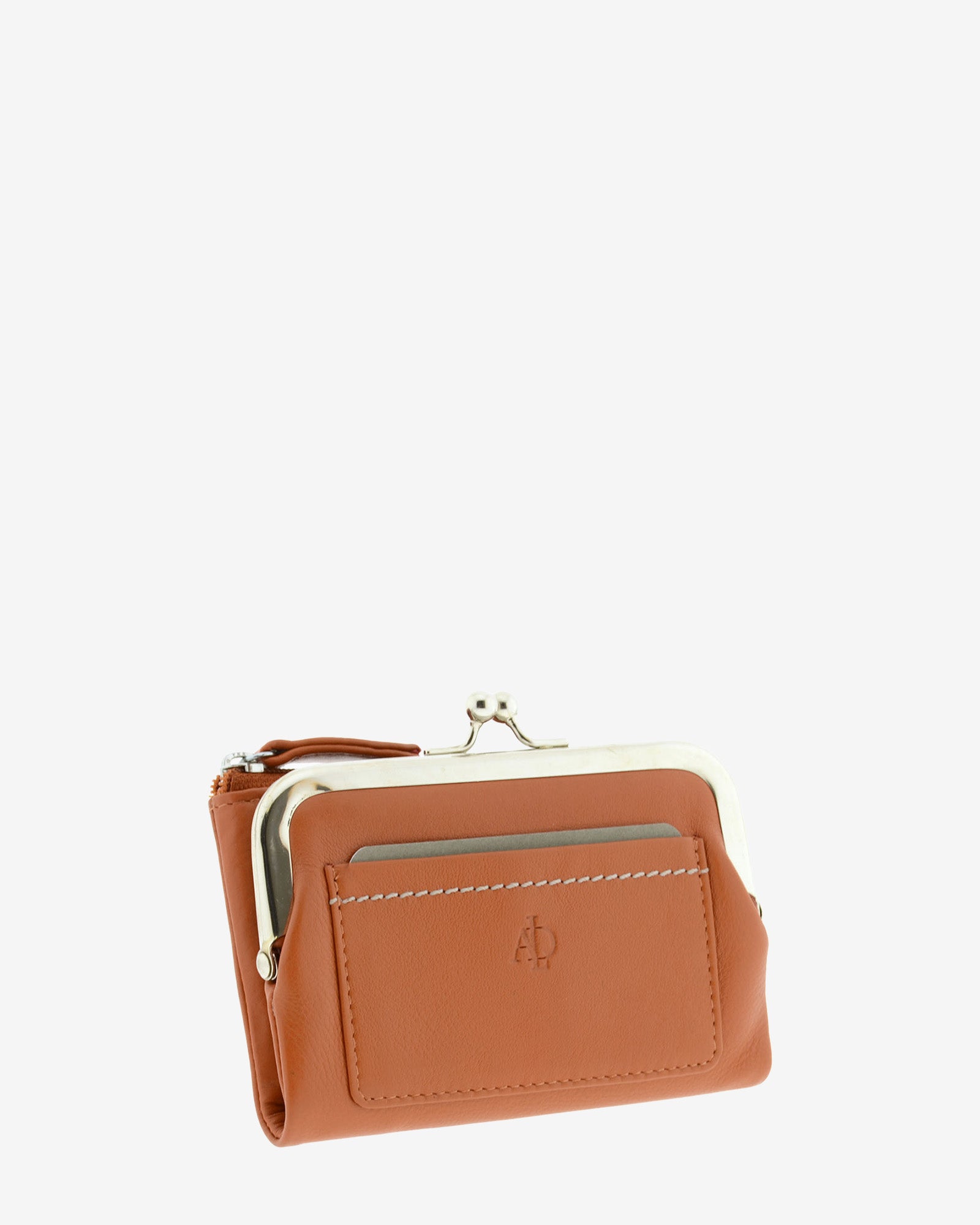 Cartera de piel Napa de color cuero, vista frontal y lateral mostrando compartimento exterior y boquilla, referencia 8069-6