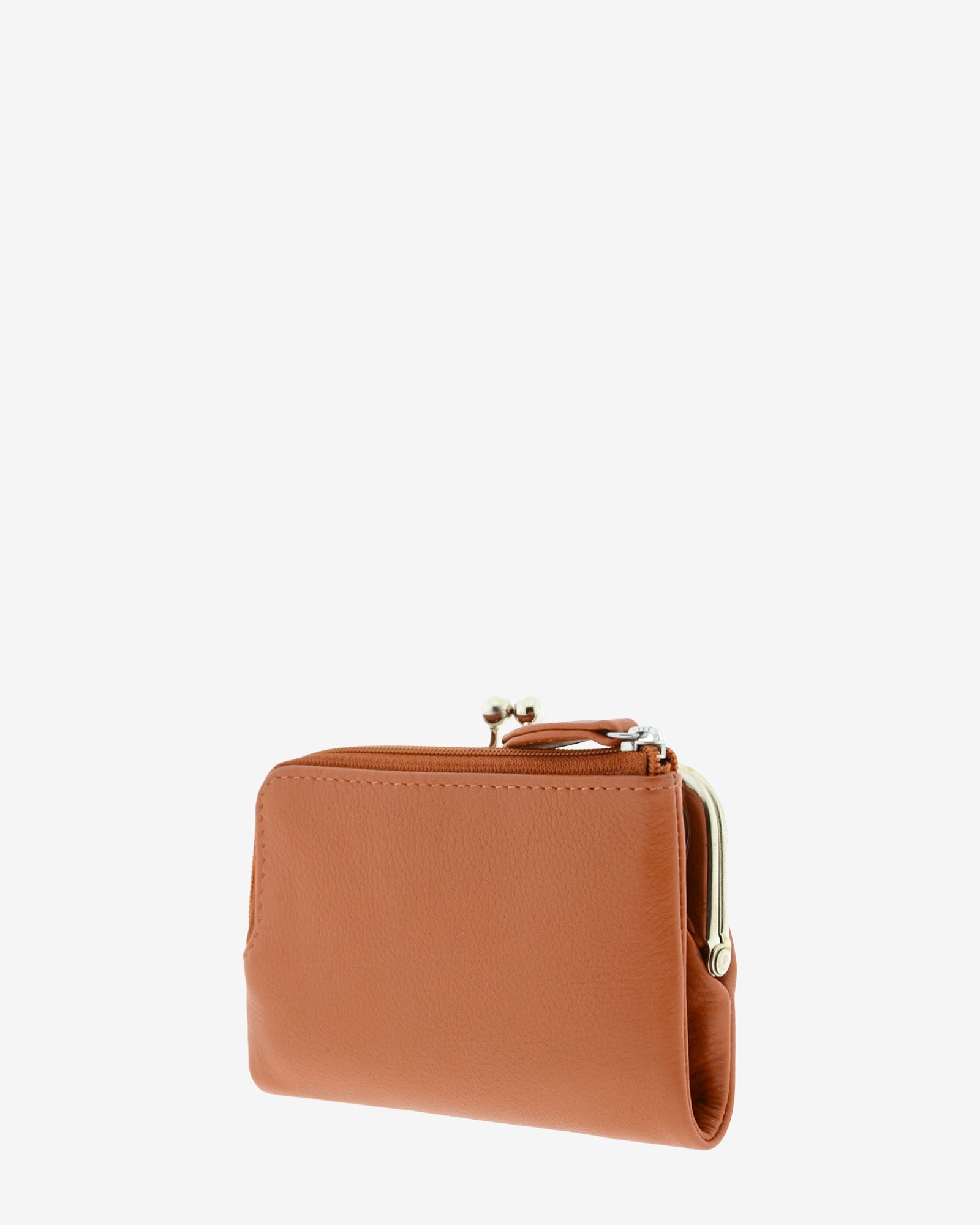 Cartera de piel Napa de color cuero, vista trasera mostrando compartimento exterior con cremallera, referencia 8069-6