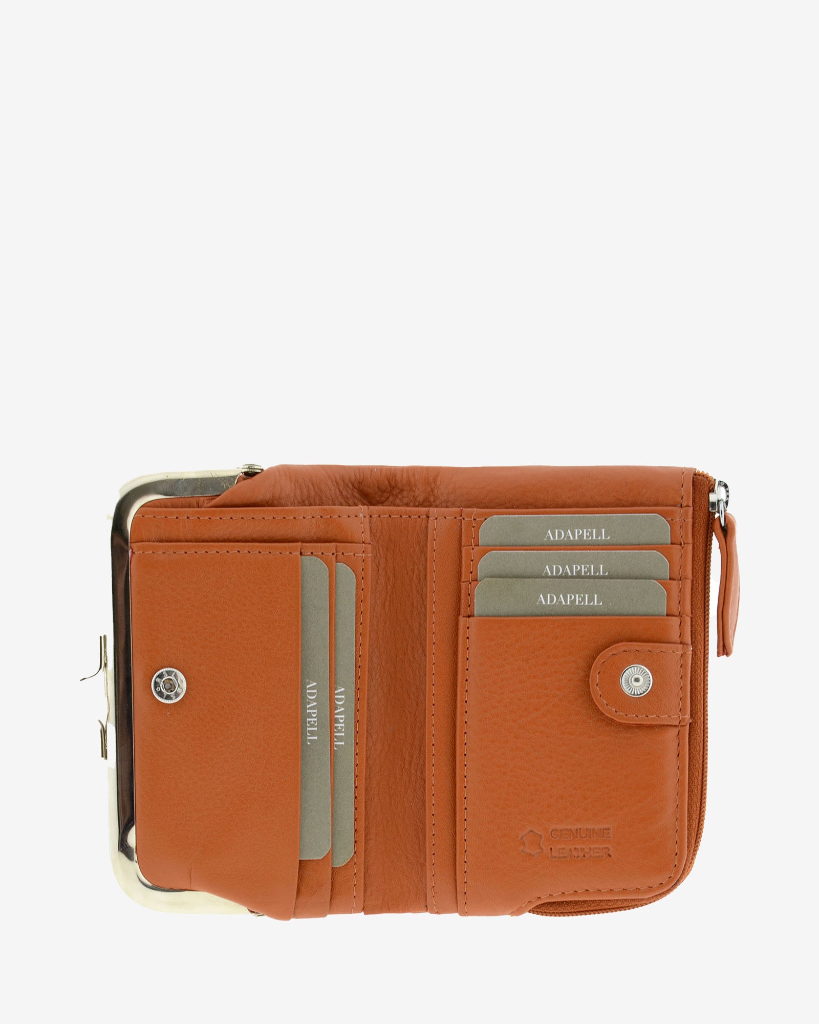 Cartera de piel Napa de color cuero, vista interior mostrando compartimentos interiores y cierre de botón, referencia 8069-6