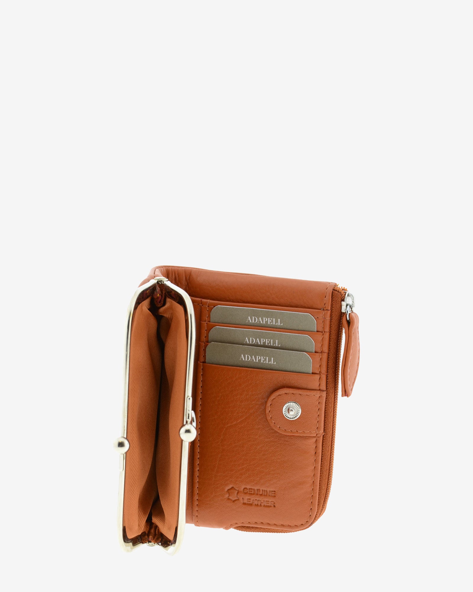 Cartera de piel Napa de color cuero, vista parcial con boquilla y compartimentos exteriores, referencia 8069-6