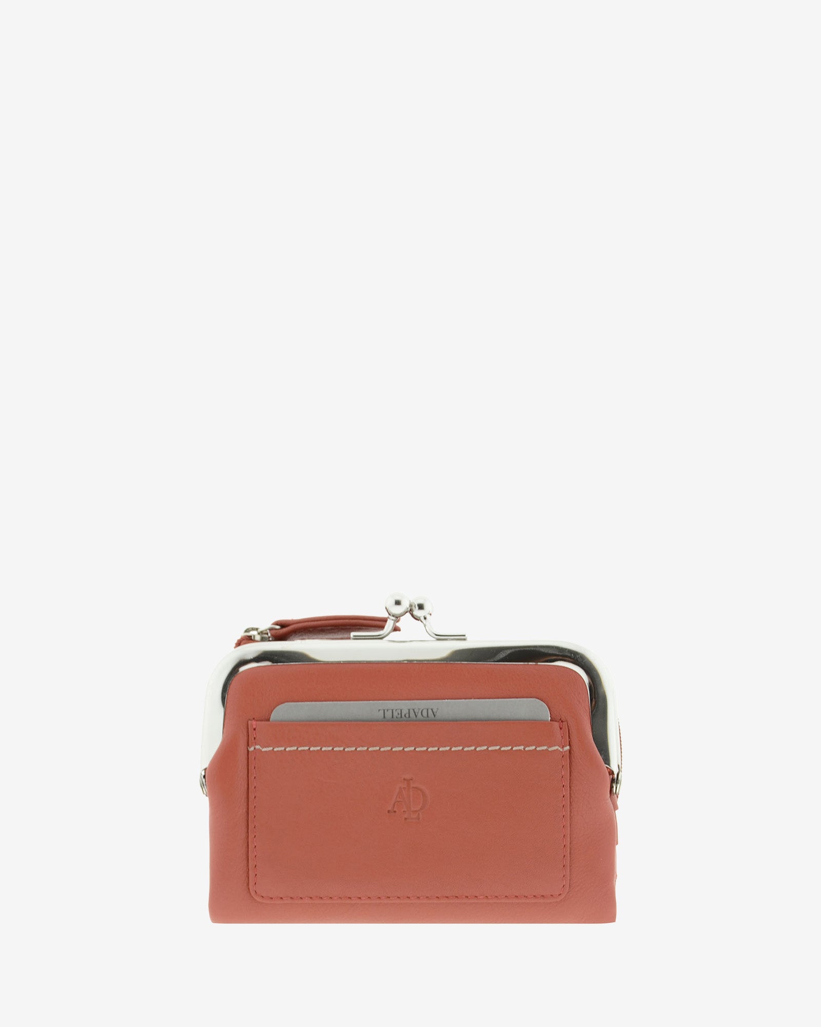 Cartera de piel Napa de color teja, vista frontal plana mostrando compartimento exterior y boquilla, referencia 8069-9