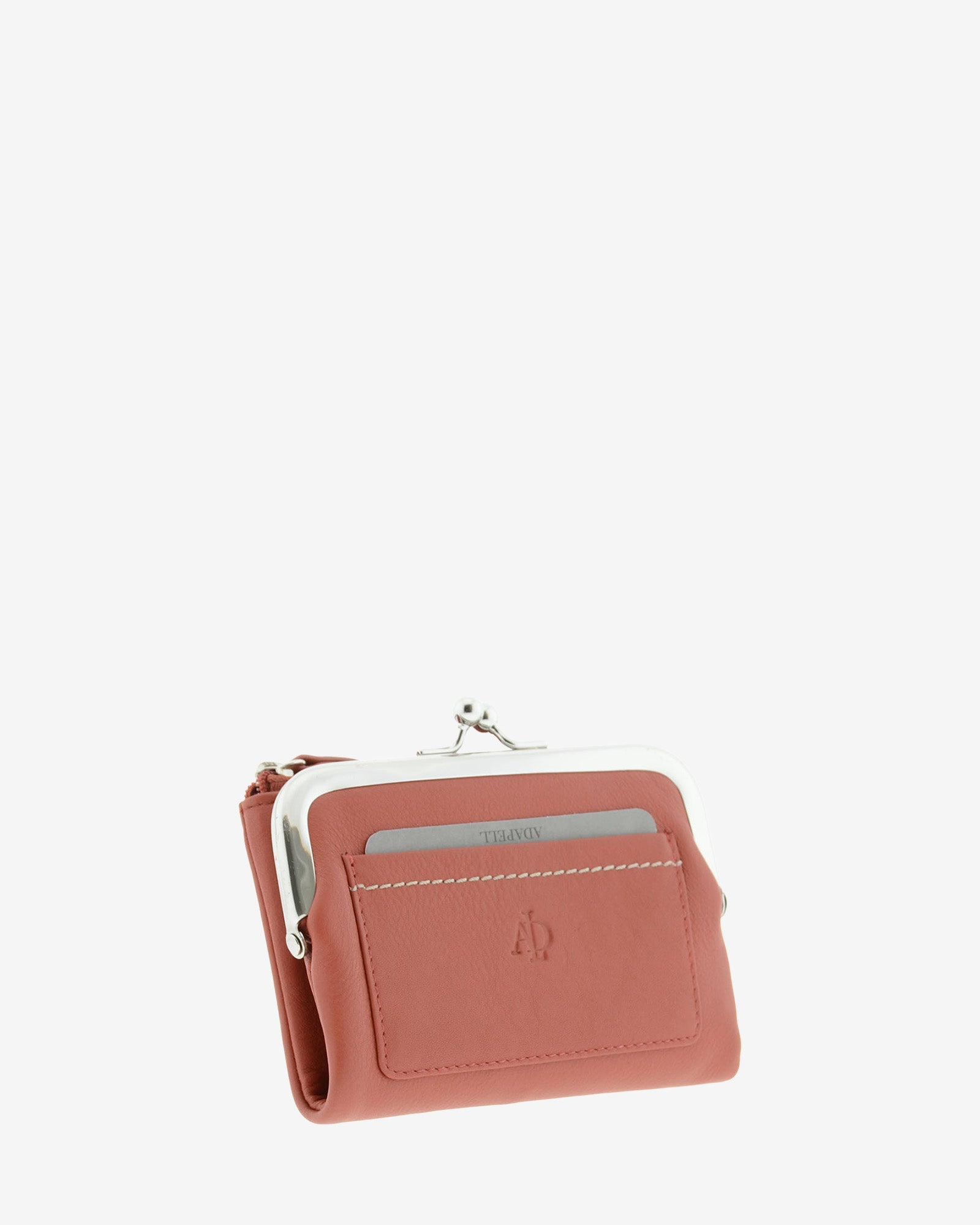 Cartera de piel Napa de color teja, vista frontal y lateral mostrando compartimento exterior y boquilla, referencia 8069-9