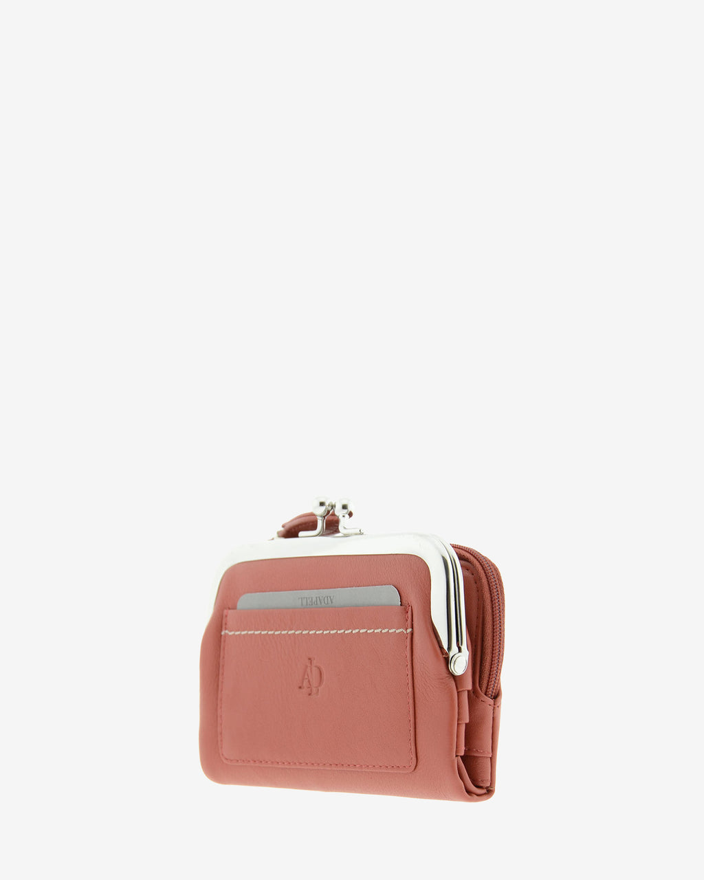 Cartera de piel Napa de color teja, vista 2 frontal y lateral mostrando compartimento exterior y boquilla, referencia 8069-9