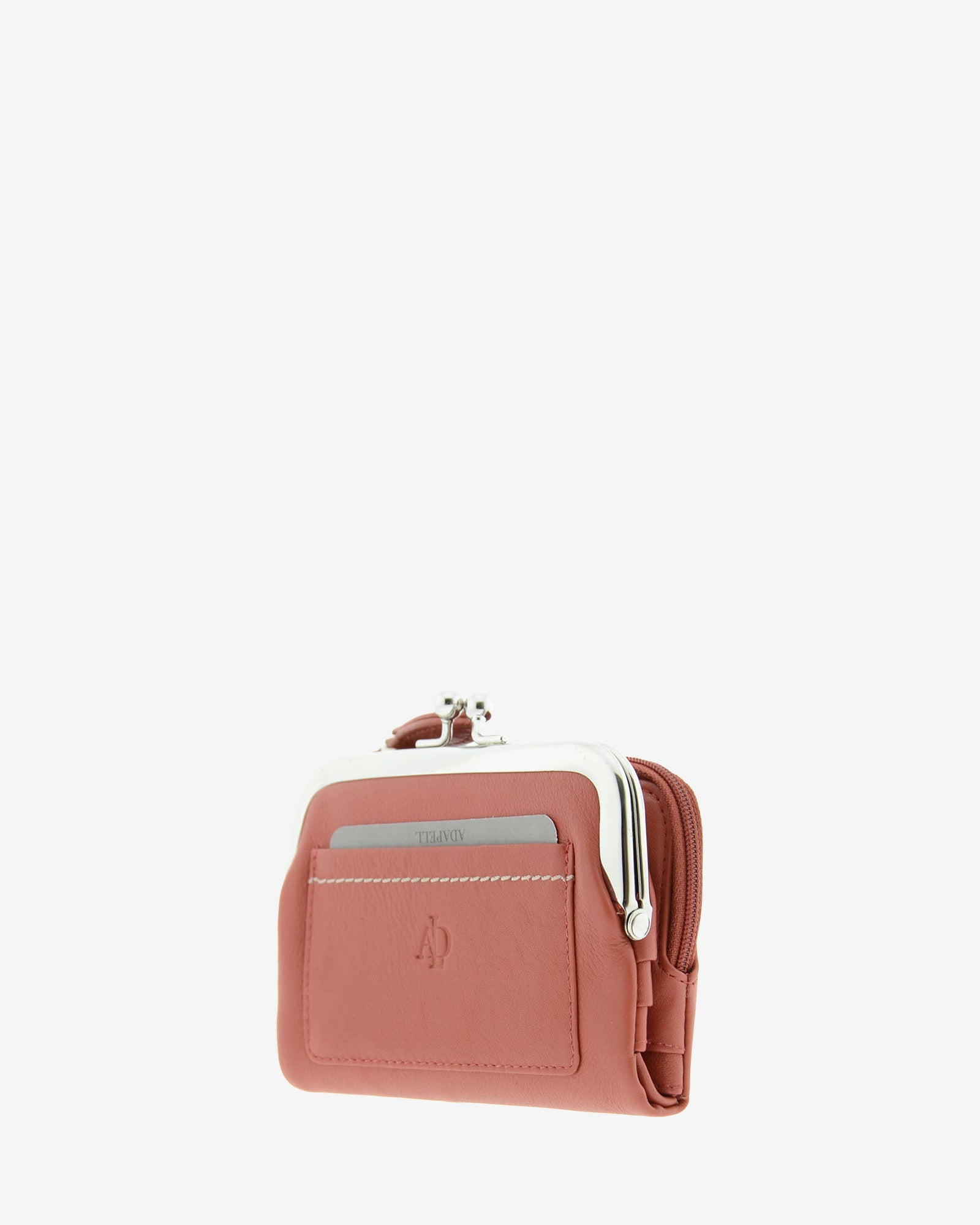 Cartera de piel Napa de color teja, vista 2 frontal y lateral mostrando compartimento exterior y boquilla, referencia 8069-9
