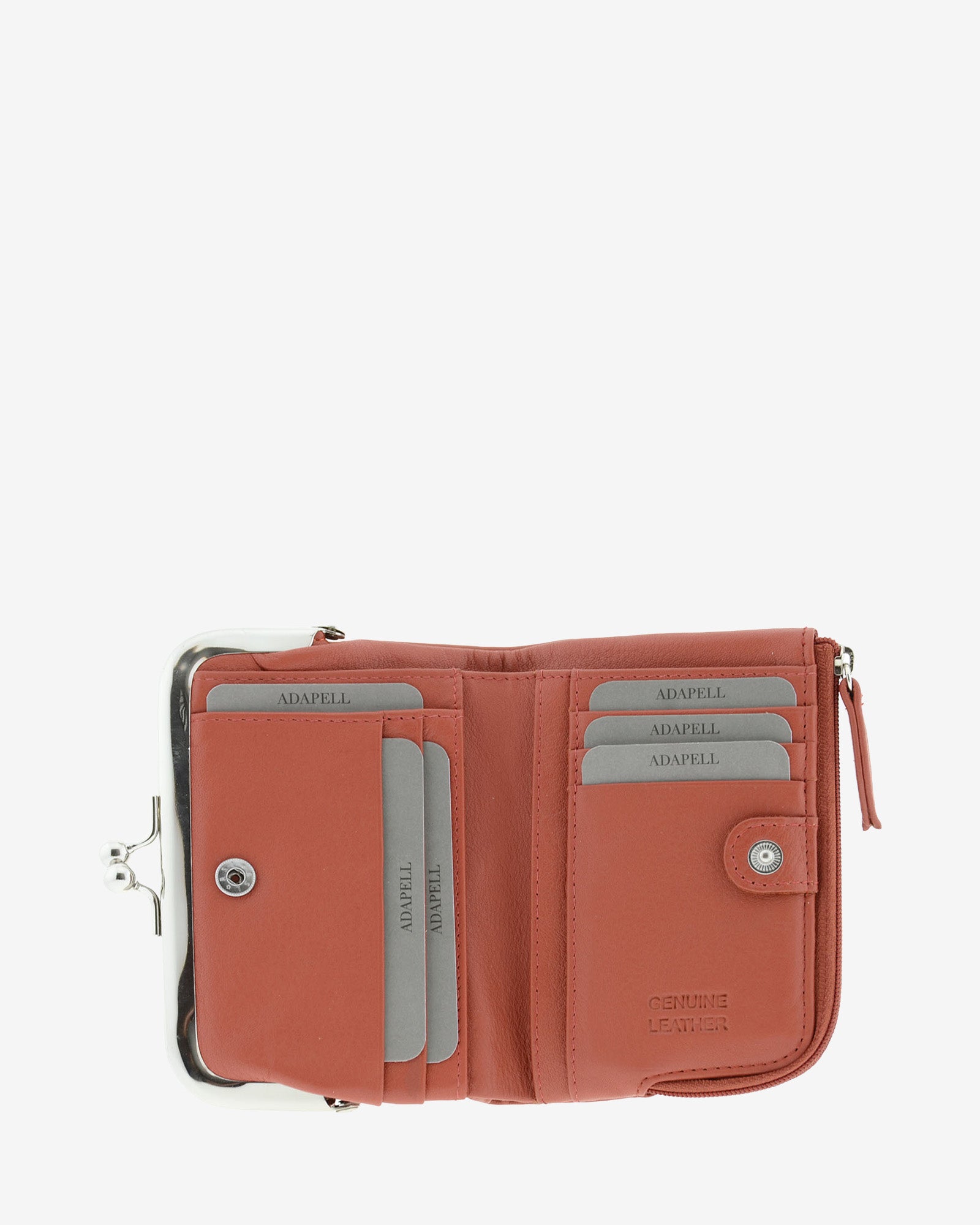 Cartera de piel Napa de color teja, vista interior mostrando compartimentos interiores y cierre de botón, referencia 8069-9