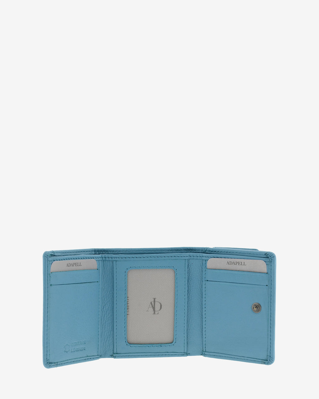 Cartera de piel Napa, pequeña y compacta de color azul, vista interior mostrando compartimentos interiores y cierre de botón, referencia 8071-14