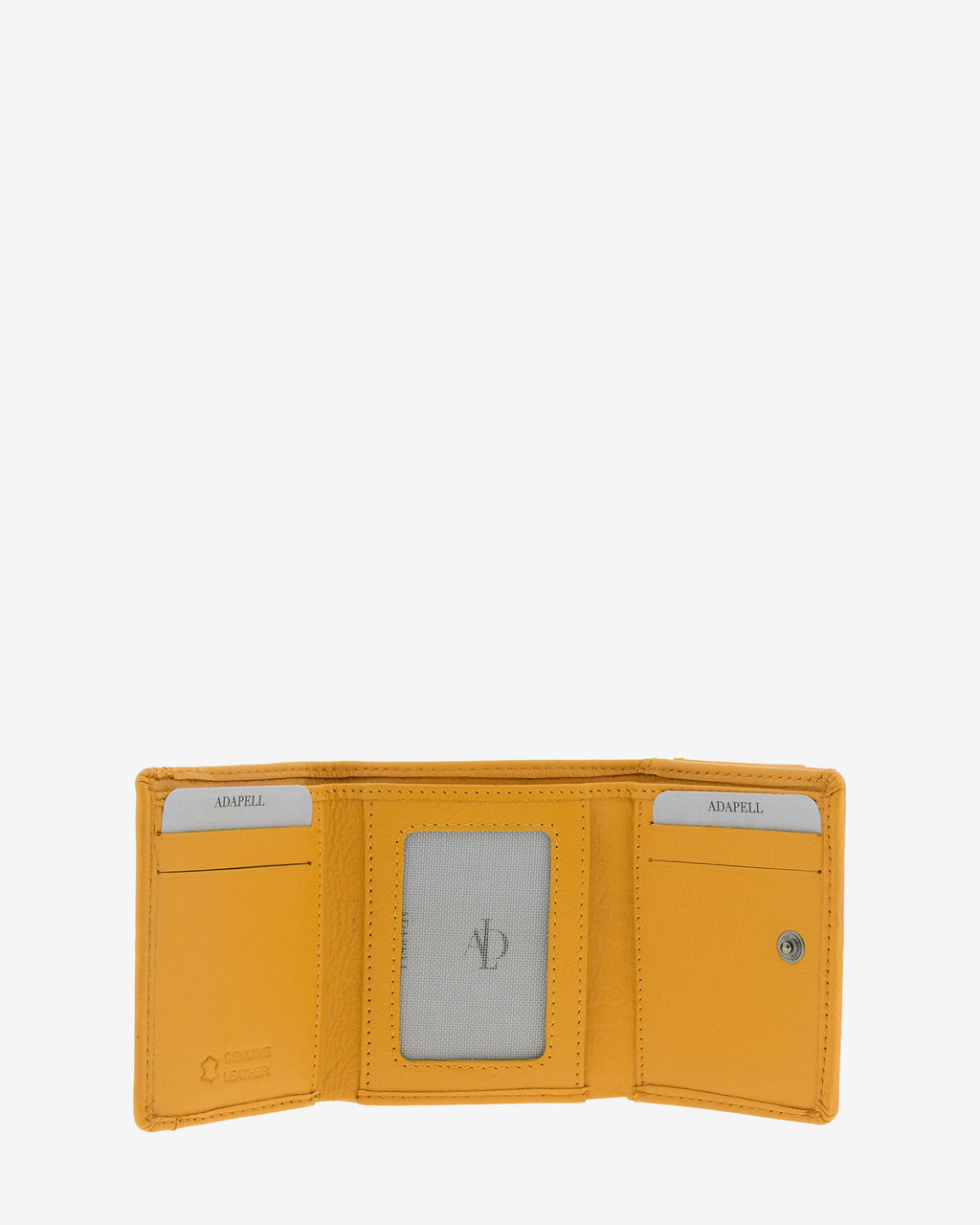 Cartera de piel Napa, pequeña y compacta de color mostaza, vista interior mostrando compartimentos interiores y cierre de botón, referencia 8071-15