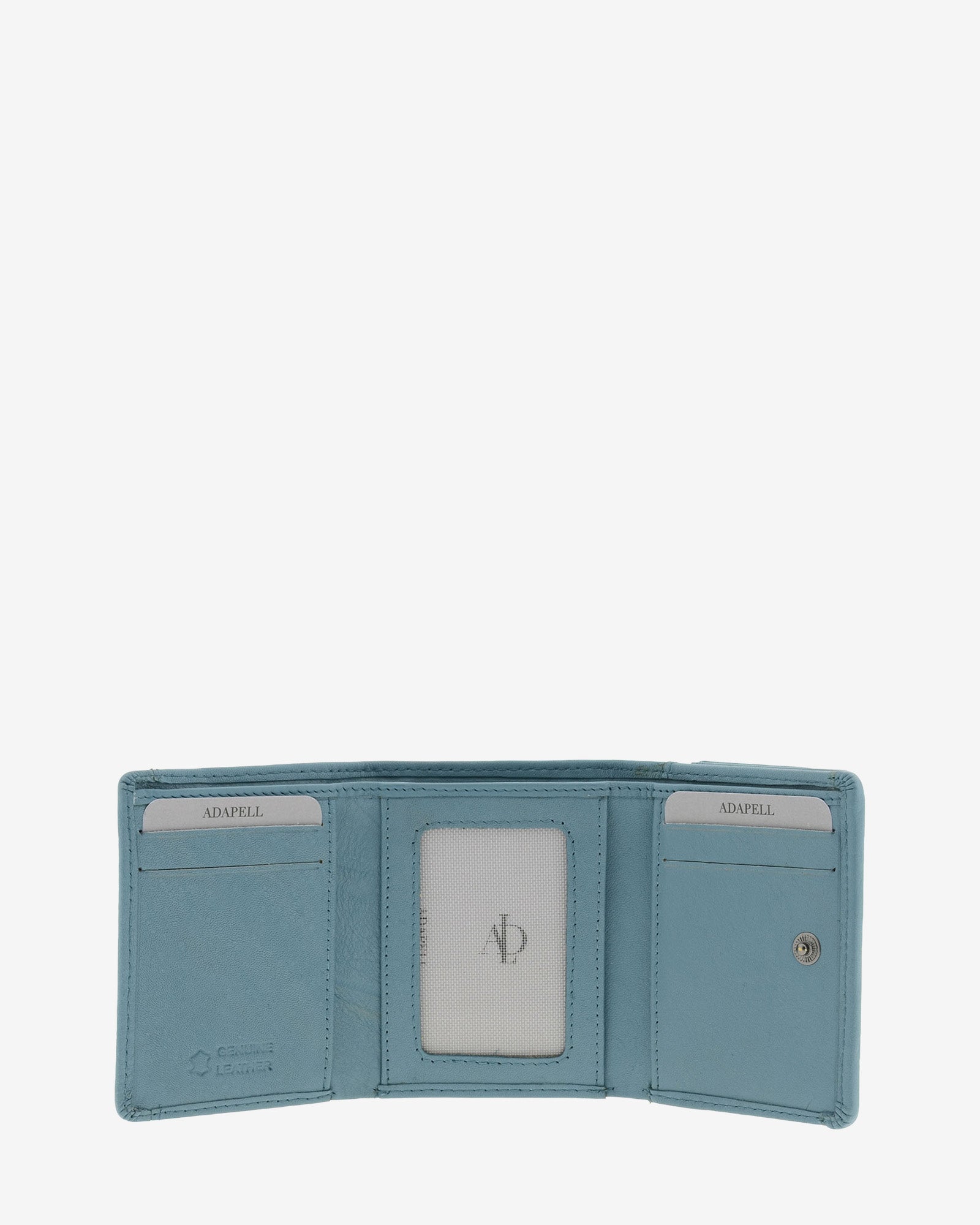 Cartera de piel Napa, pequeña y compacta de color mar, vista interior mostrando compartimentos interiores y cierre de botón, referencia 8071-16
