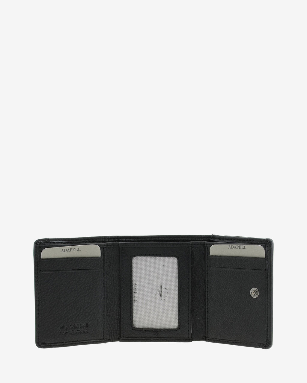 Cartera de piel Napa, pequeña y compacta de color negro, vista interior mostrando compartimentos interiores y cierre de botón, referencia 8071-1