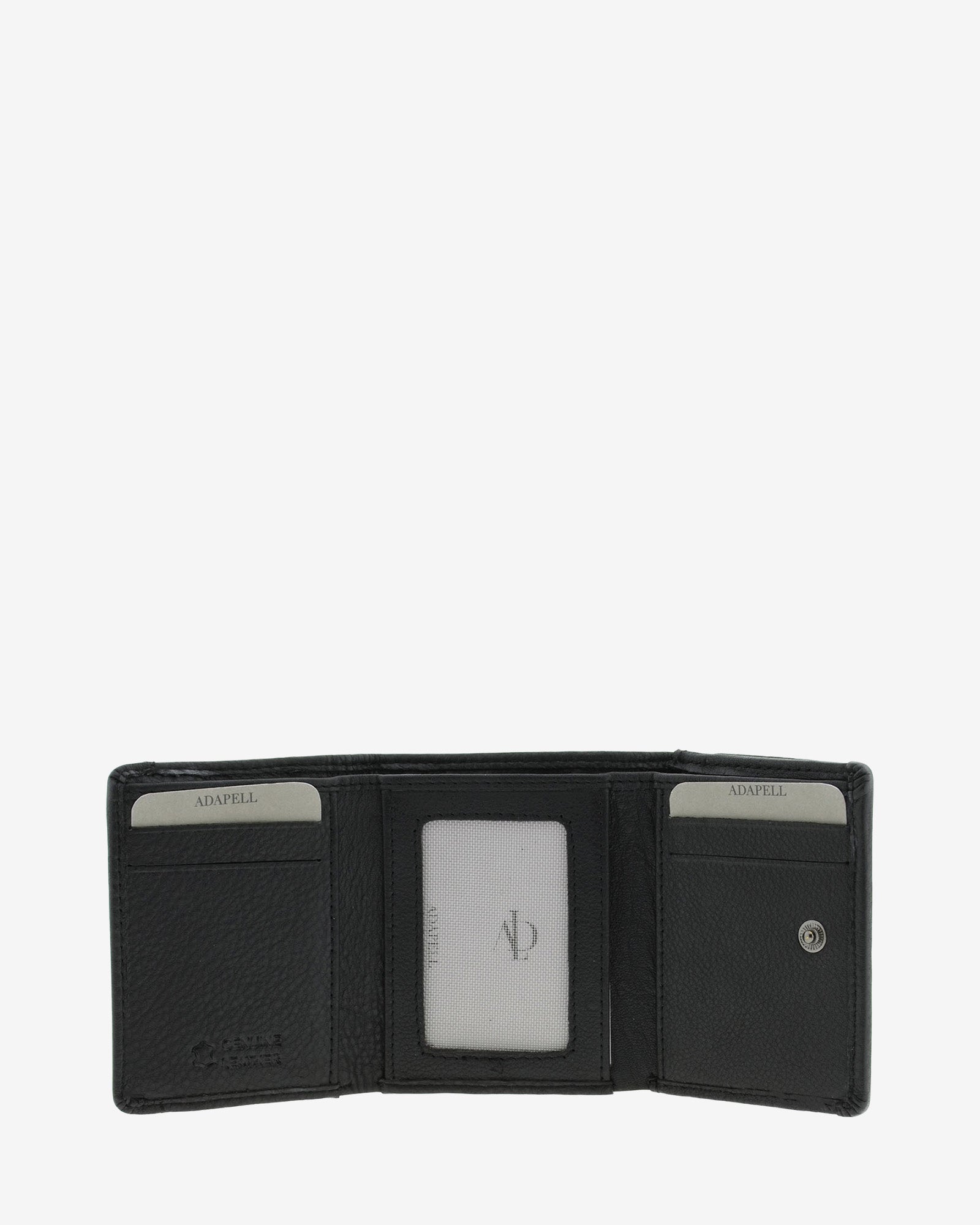 Cartera de piel Napa, pequeña y compacta de color negro, vista interior mostrando compartimentos interiores y cierre de botón, referencia 8071-1