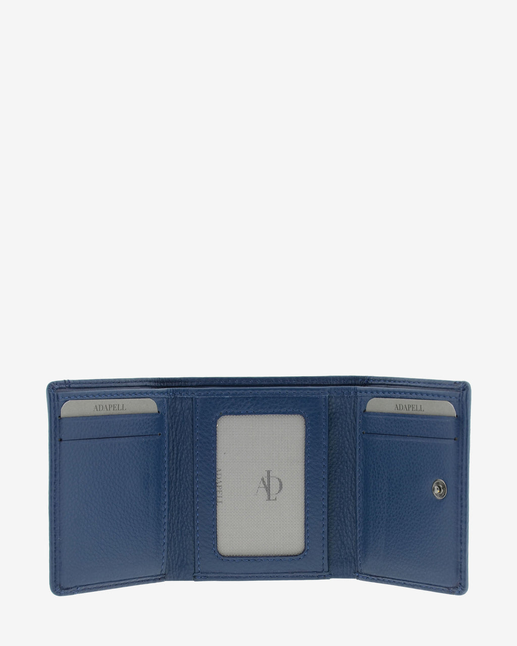 Cartera de piel Napa, pequeña y compacta de color azul marino, vista interior mostrando compartimentos interiores y cierre de botón, referencia 8071-20