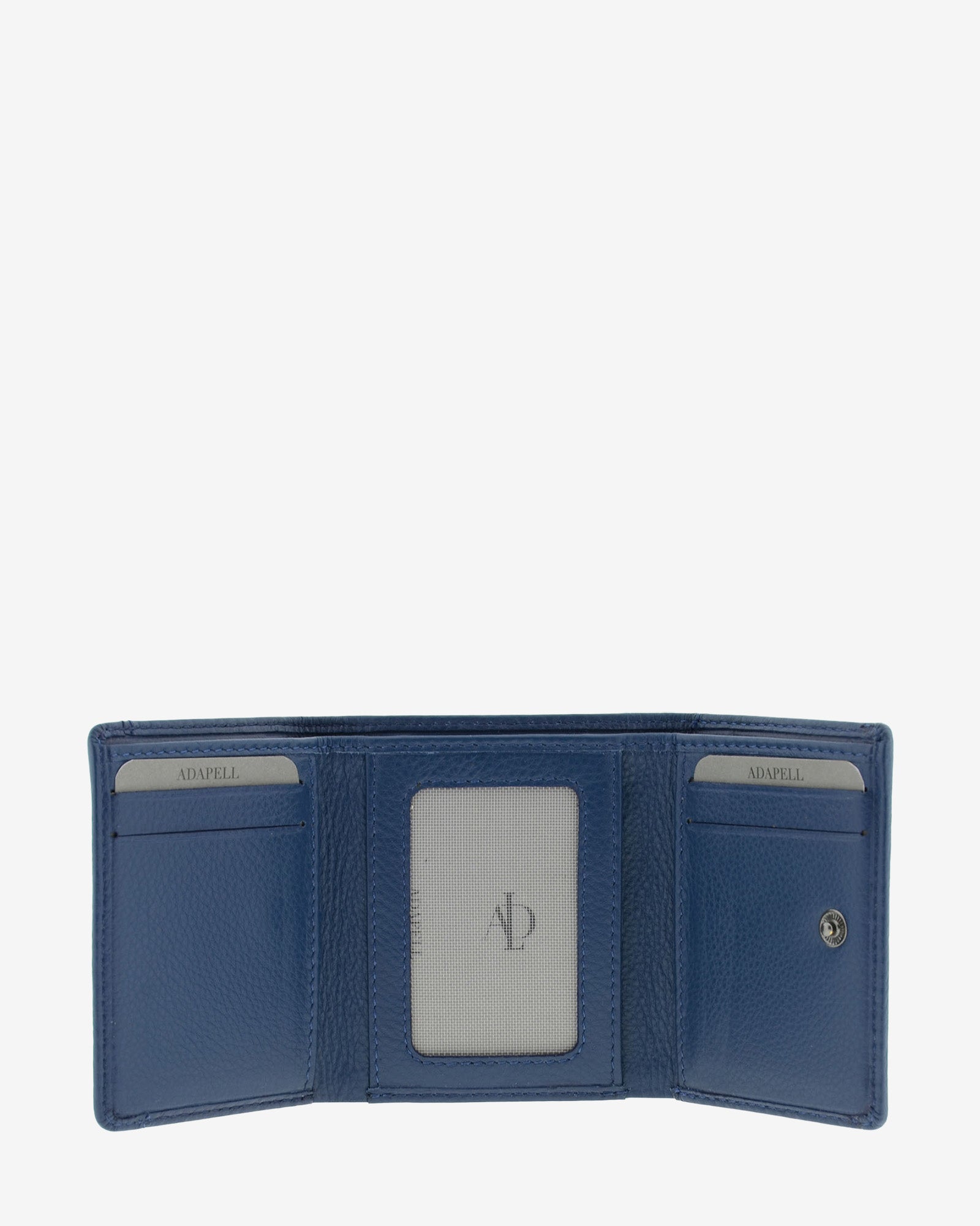 Cartera de piel Napa, pequeña y compacta de color azul marino, vista interior mostrando compartimentos interiores y cierre de botón, referencia 8071-20
