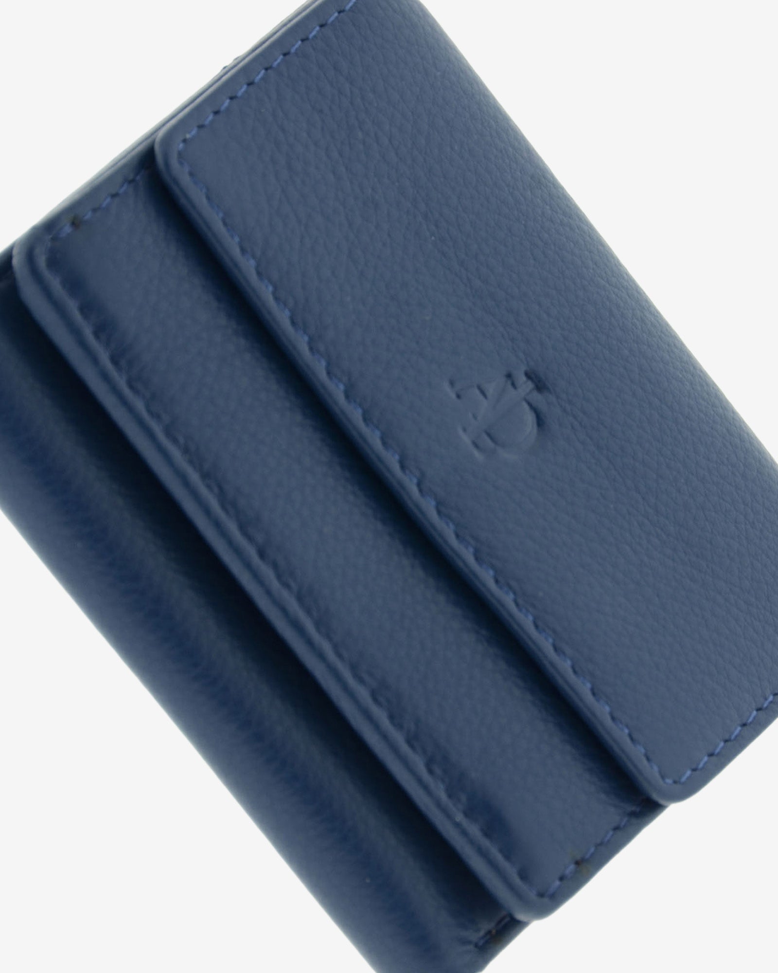 Cartera de piel Napa, pequeña y compacta de color azul marino, detalle de piel y acabados, referencia 8071-20