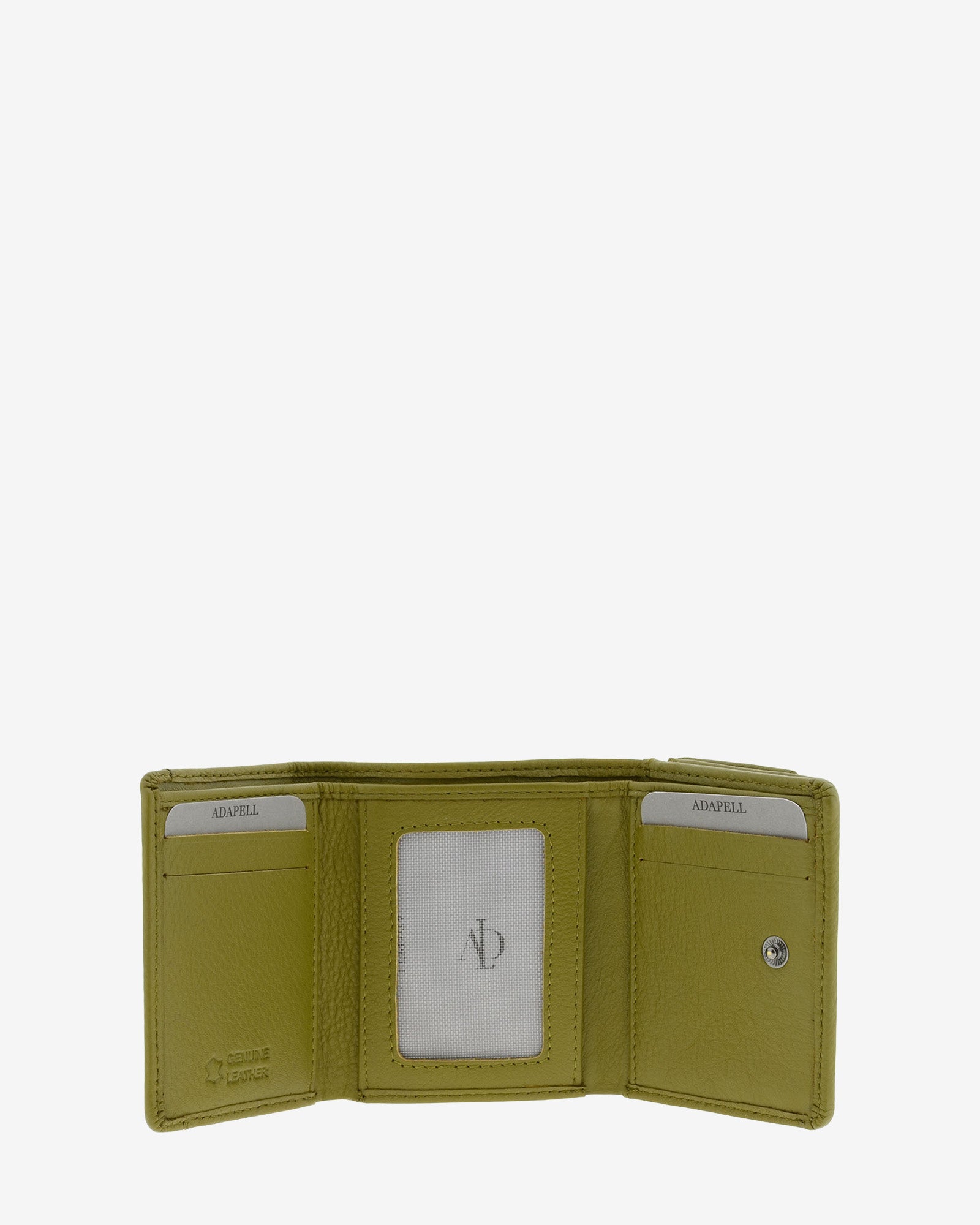 Cartera de piel Napa, pequeña y compacta de color oliva, vista interior mostrando compartimentos interiores y cierre de botón, referencia 8071-21