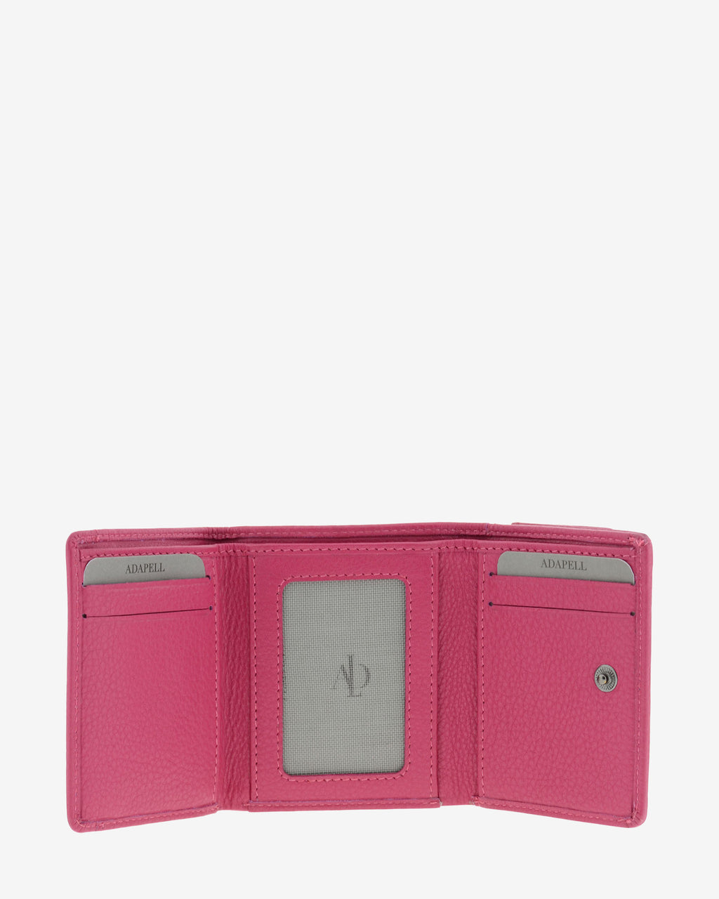 Cartera de piel Napa, pequeña y compacta de color magenta, vista interior mostrando compartimentos interiores y cierre de botón, referencia 8071-25