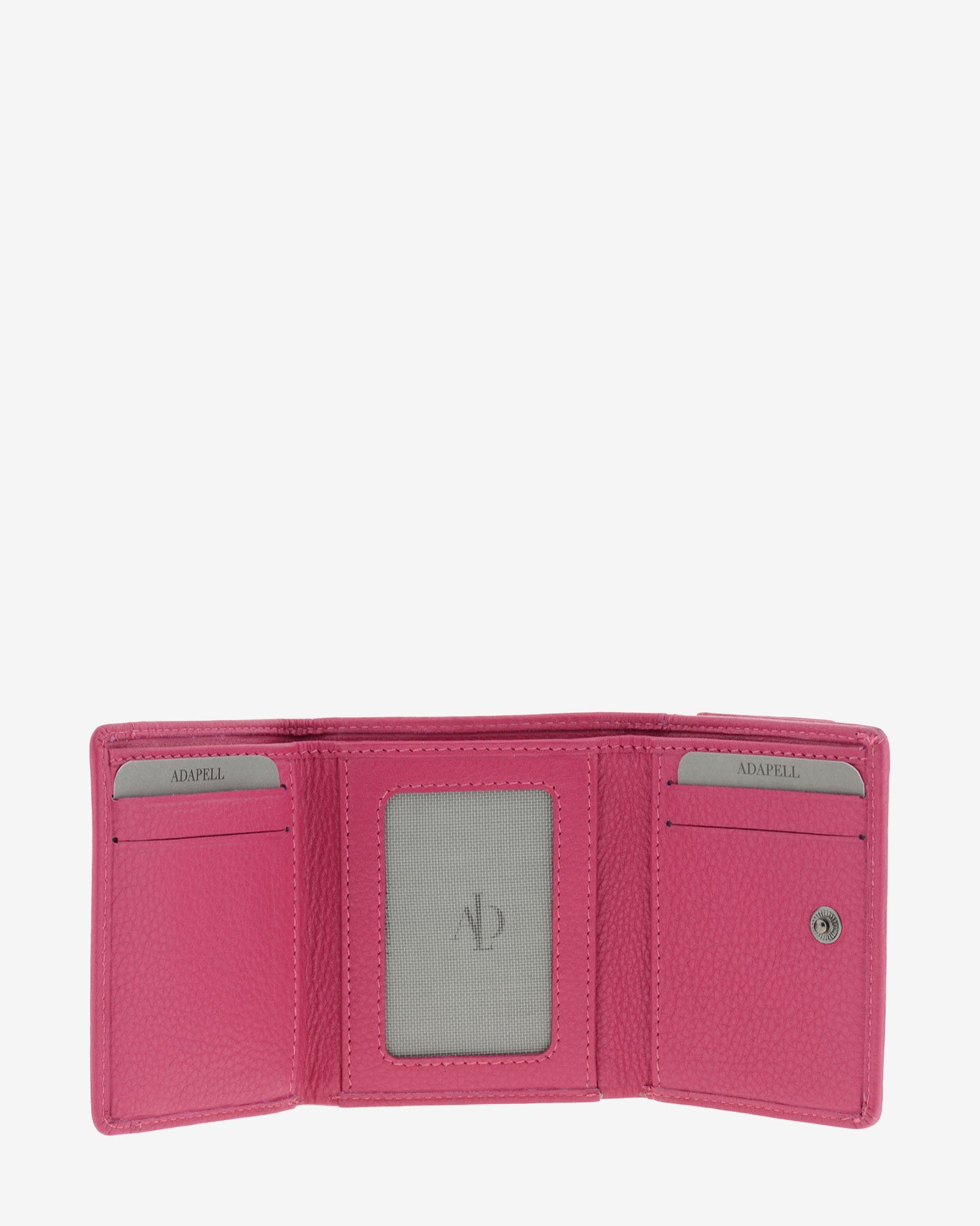 Cartera de piel Napa, pequeña y compacta de color magenta, vista interior mostrando compartimentos interiores y cierre de botón, referencia 8071-25