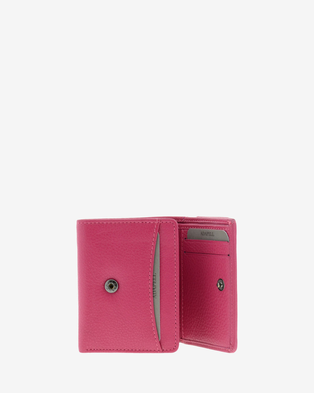 Cartera de piel Napa, pequeña y compacta de color magenta, vista interior parcial mostrando compartimentos interiores y cierre de botón, referencia 8071-1
