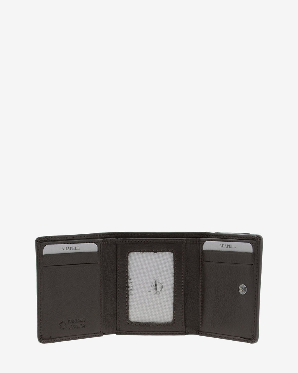 Cartera de piel Napa, pequeña y compacta de color marrón, vista interior mostrando compartimentos interiores y cierre de botón, referencia 8071-2