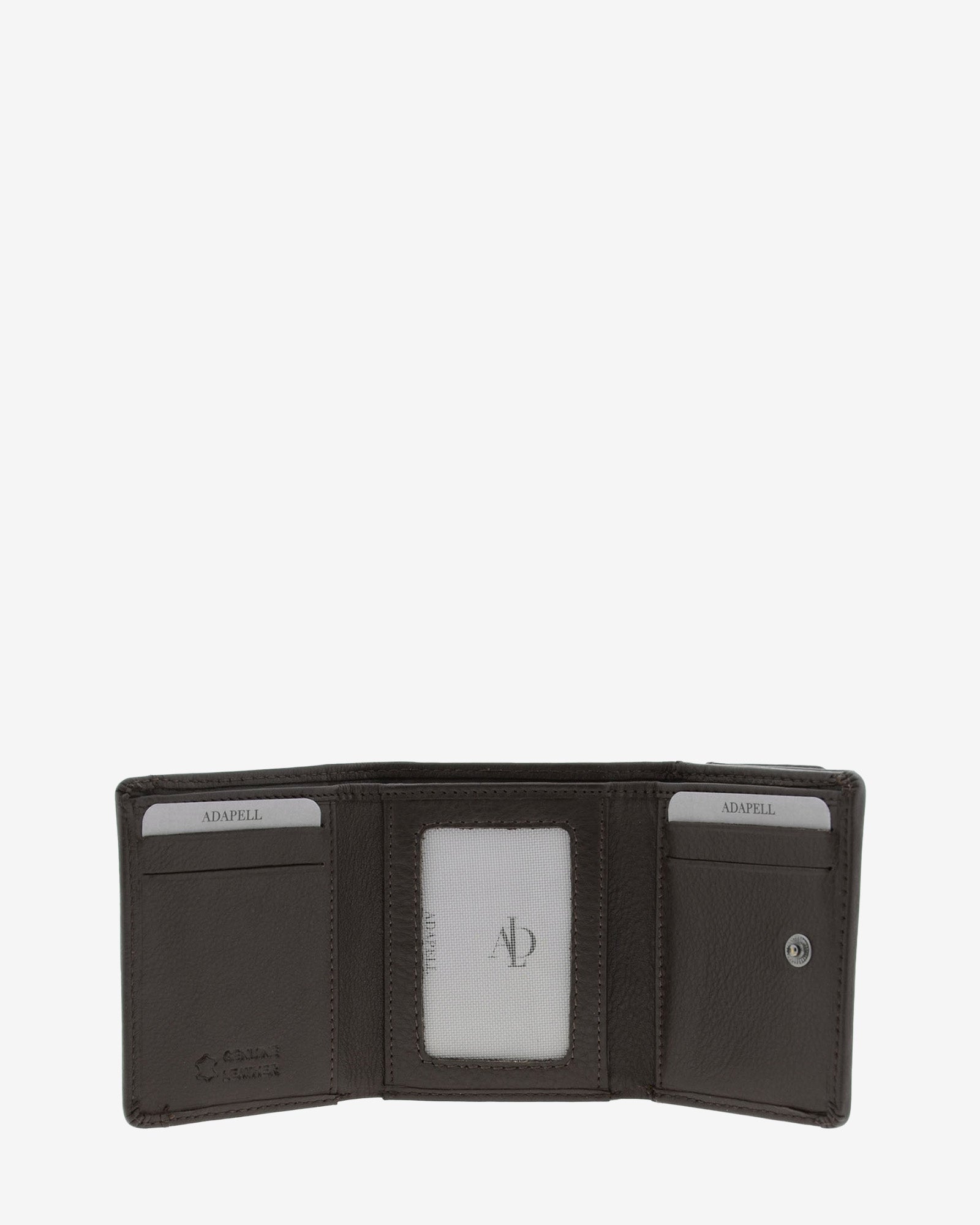 Cartera de piel Napa, pequeña y compacta de color marrón, vista interior mostrando compartimentos interiores y cierre de botón, referencia 8071-2