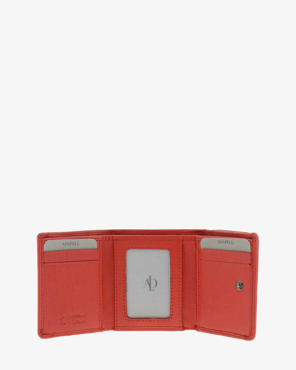 Cartera de piel Napa, pequeña y compacta de color rojo, vista interior mostrando compartimentos interiores y cierre de botón, referencia 8071-3