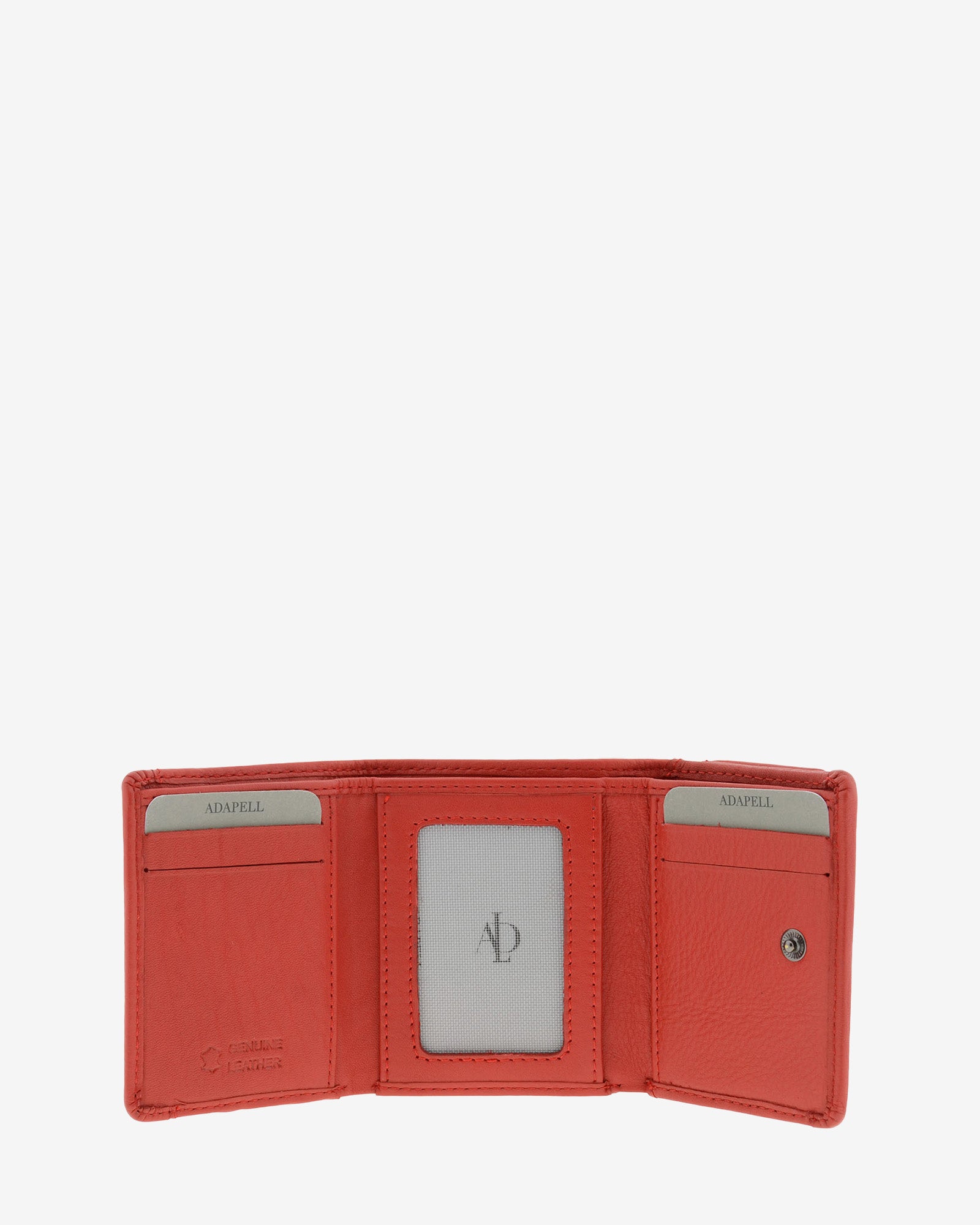 Cartera de piel Napa, pequeña y compacta de color rojo, vista interior mostrando compartimentos interiores y cierre de botón, referencia 8071-3