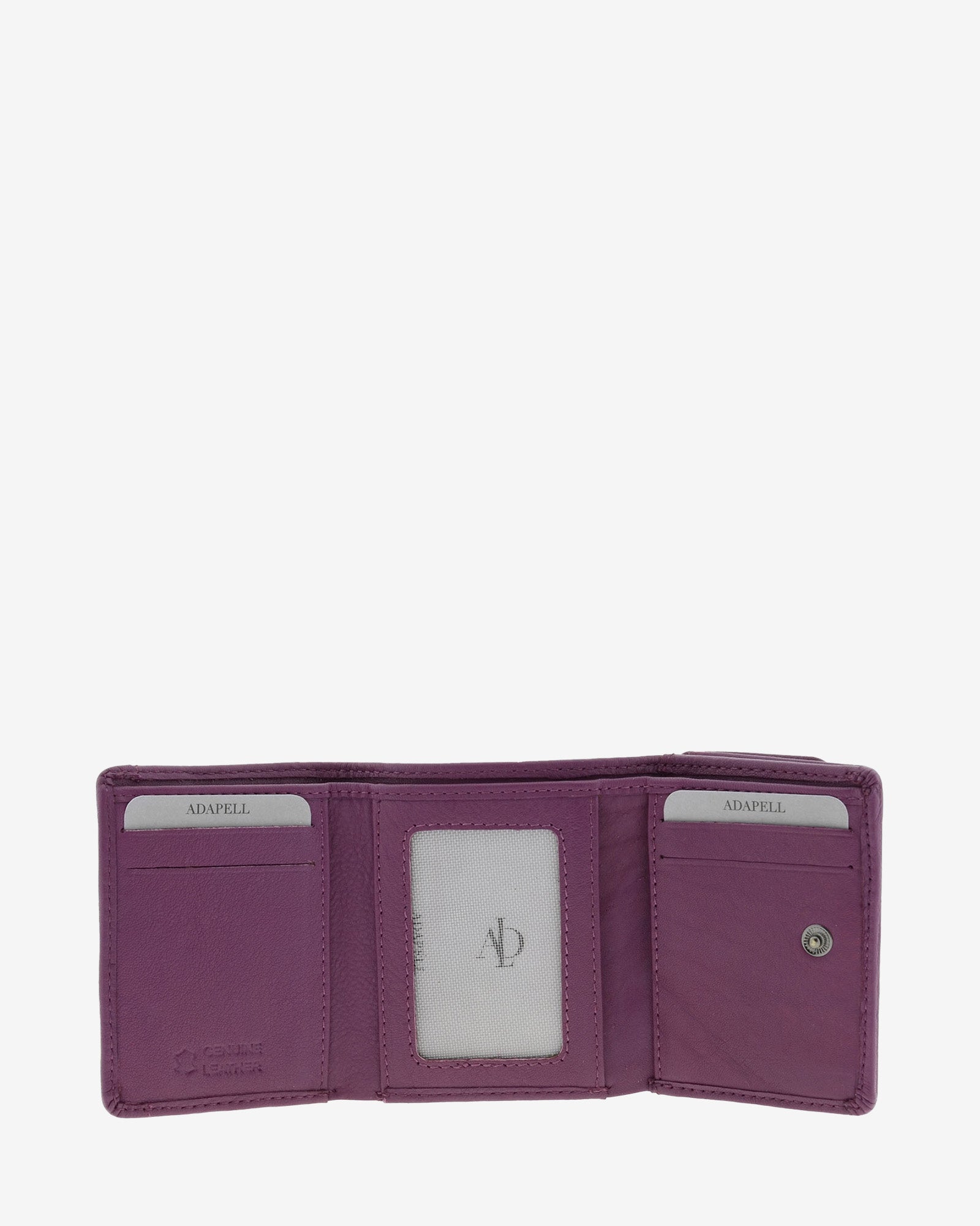 Cartera de piel Napa, pequeña y compacta de color lila, vista interior mostrando compartimentos interiores y cierre de botón, referencia 8071-4